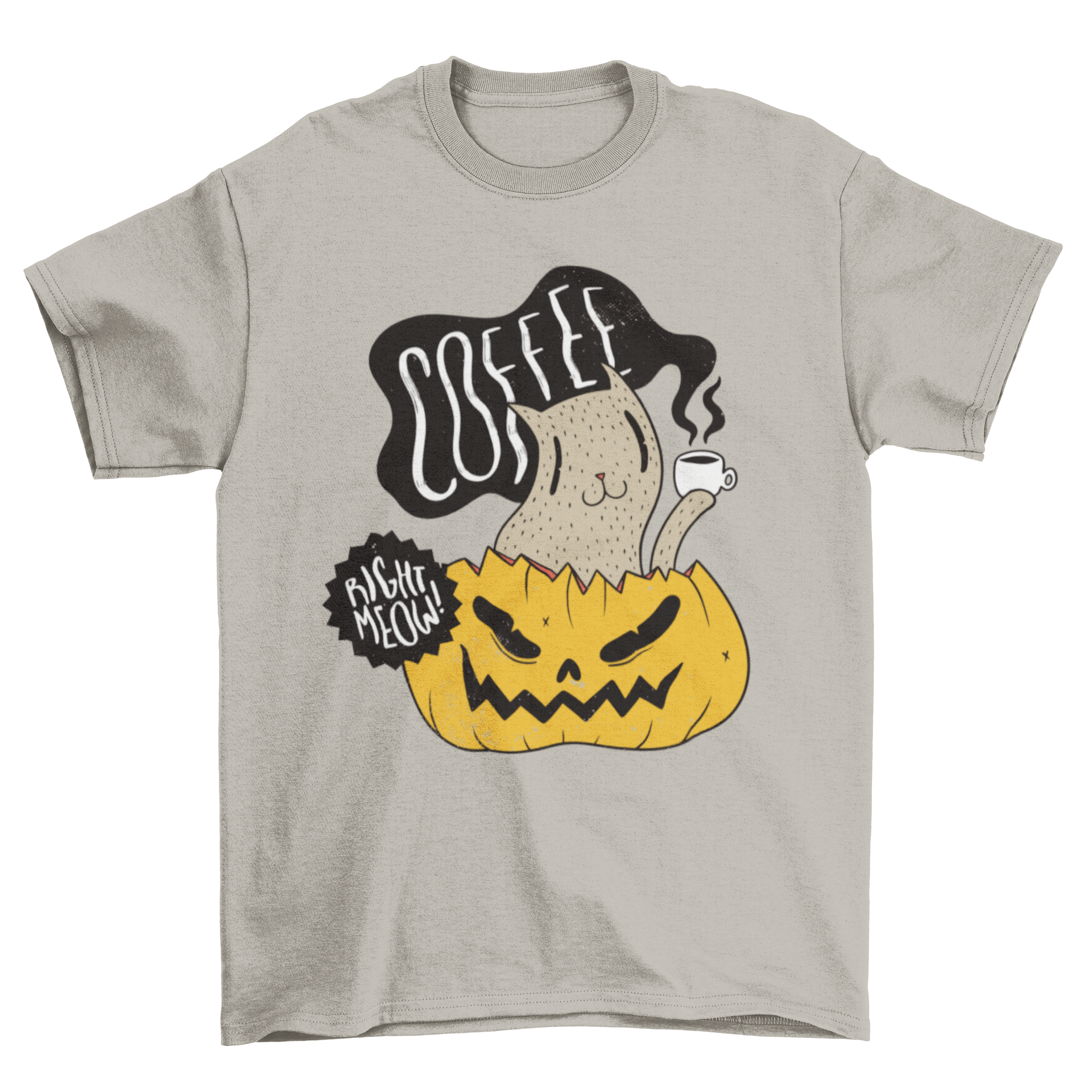 A Halloween-themed t-shirt featuring a cute cat drinking coffee inside a pumpkin illustration.