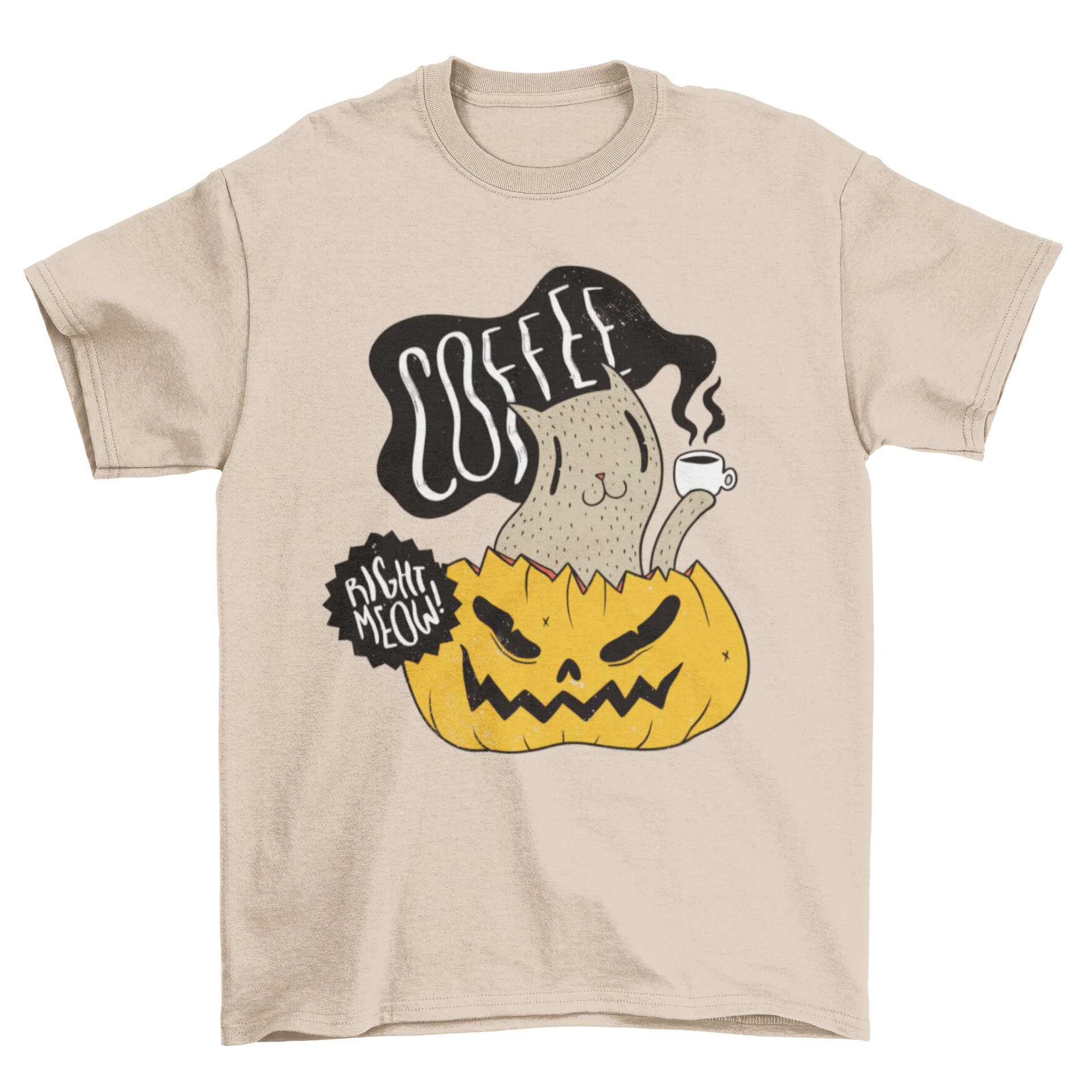 A Halloween-themed t-shirt featuring a cute cat drinking coffee inside a pumpkin illustration.