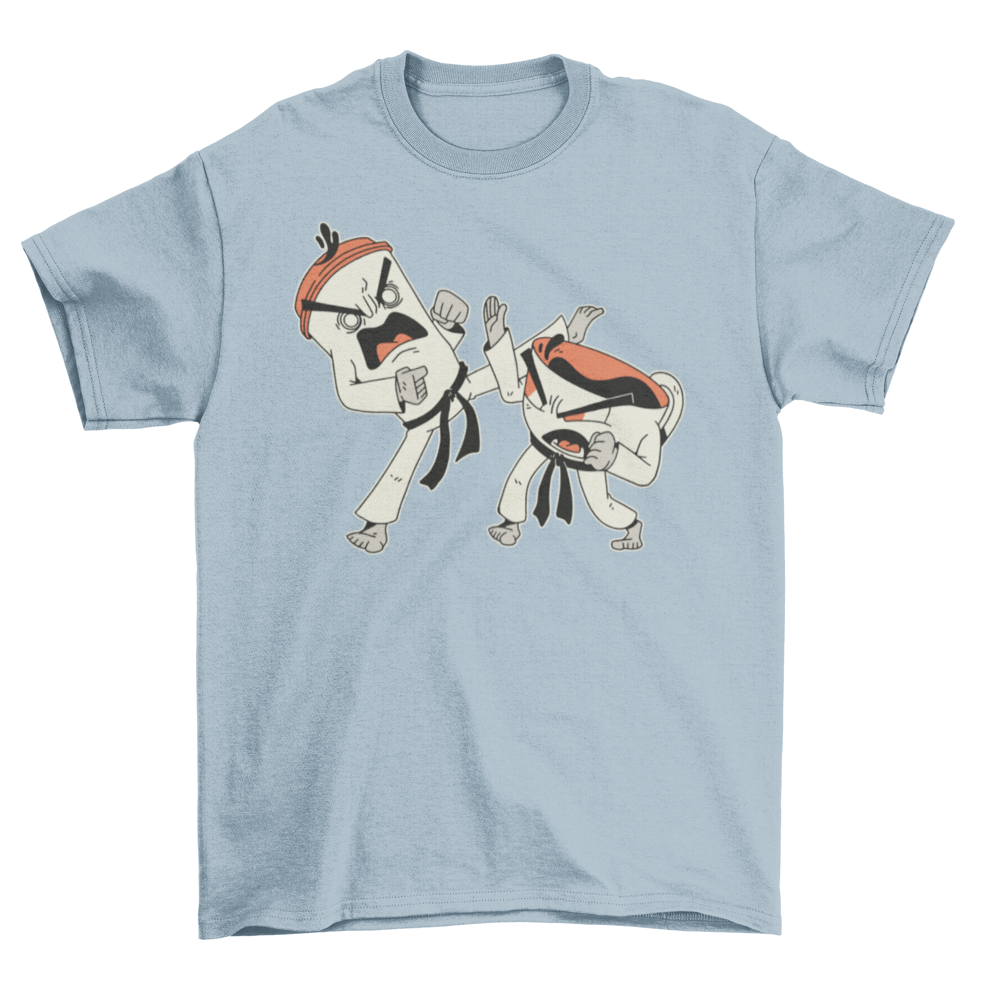 A humorous t-shirt featuring a coffee cup and tea cup playfully fighting, showcasing a fun design for beverage lovers.