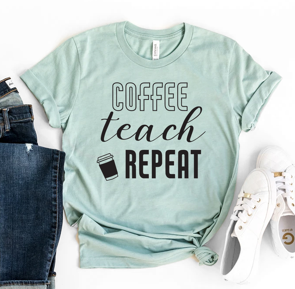 Coffee Teach Repeat T-shirt made of premium ring spun cotton with a stylish design, available in various sizes.