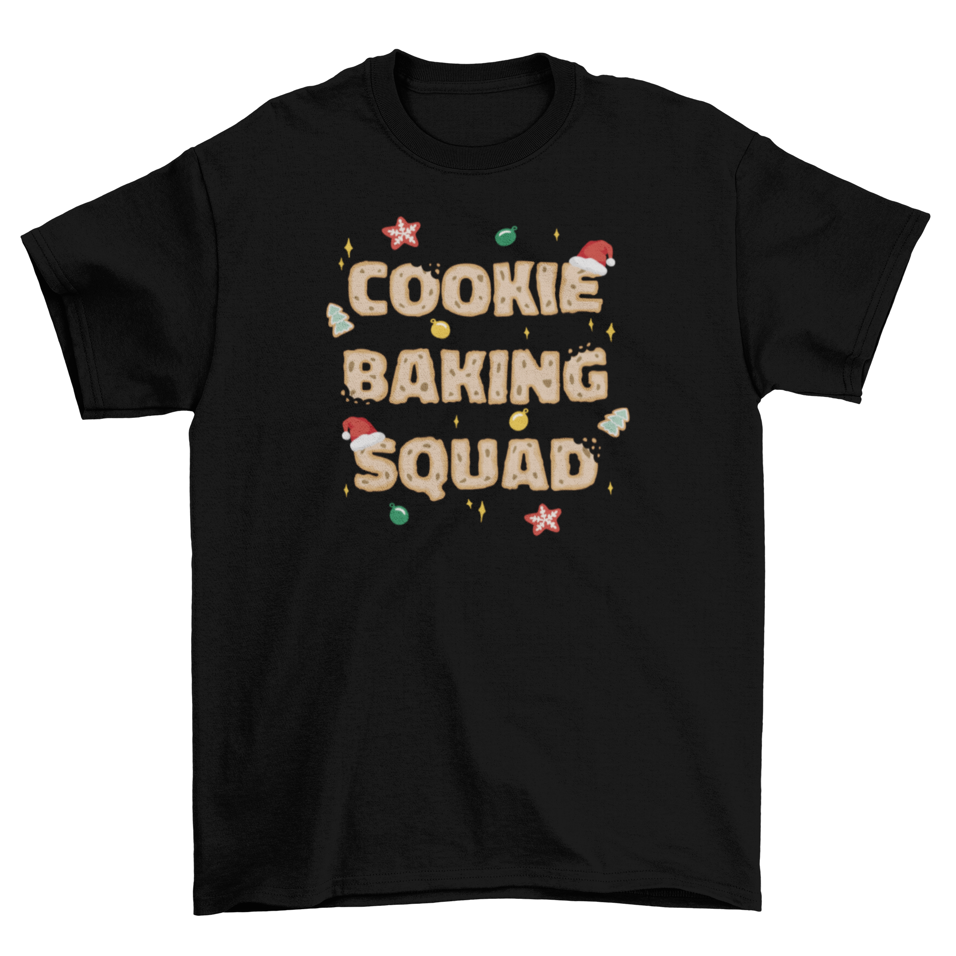 A festive Christmas t-shirt featuring the quote 'Cookie Baking Squad' designed for baking enthusiasts.