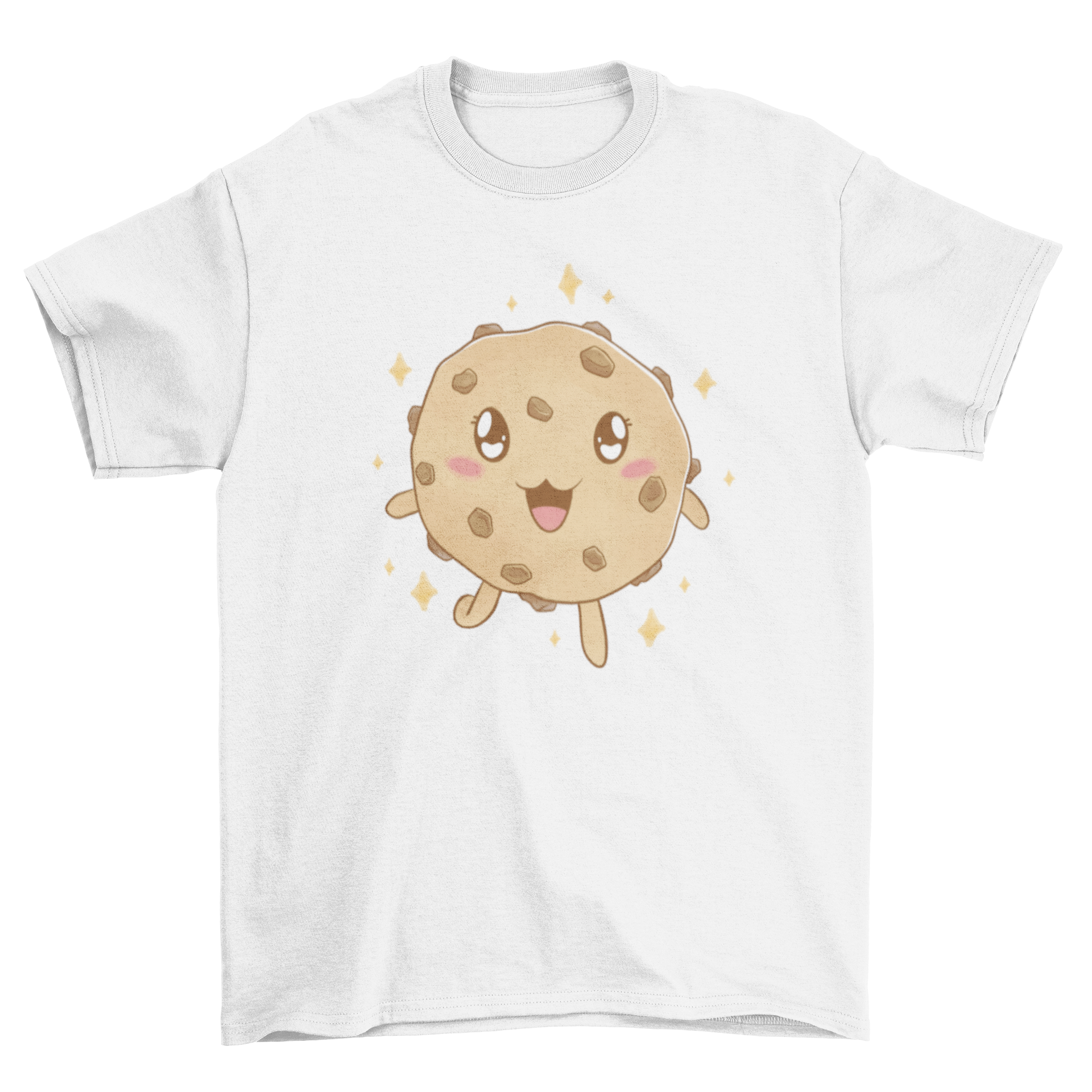 A cute kawaii style t-shirt featuring a cheerful cookie character design, perfect for casual wear.