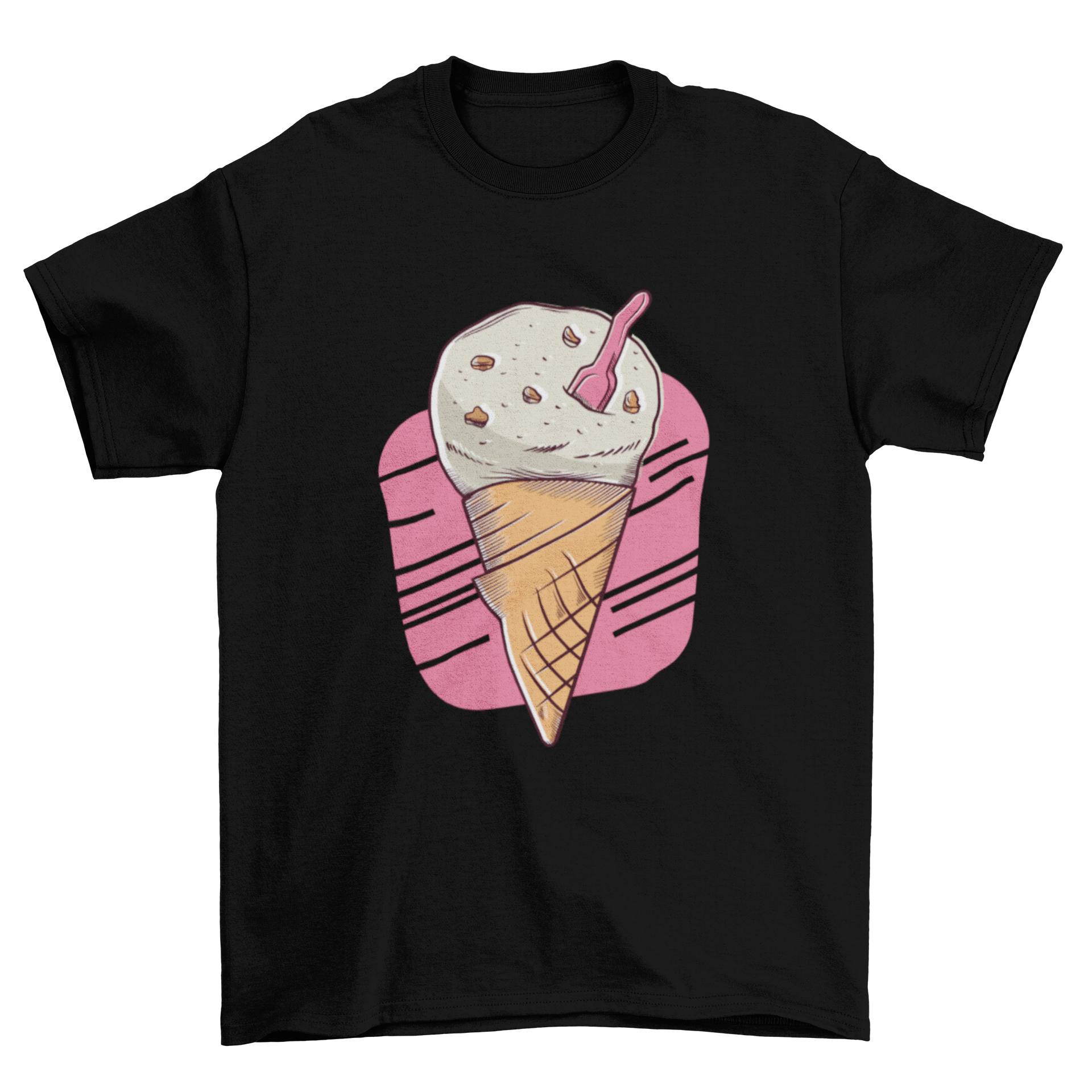 A stylish T-shirt featuring a colorful cookie ice cream illustration, perfect for ice cream lovers.