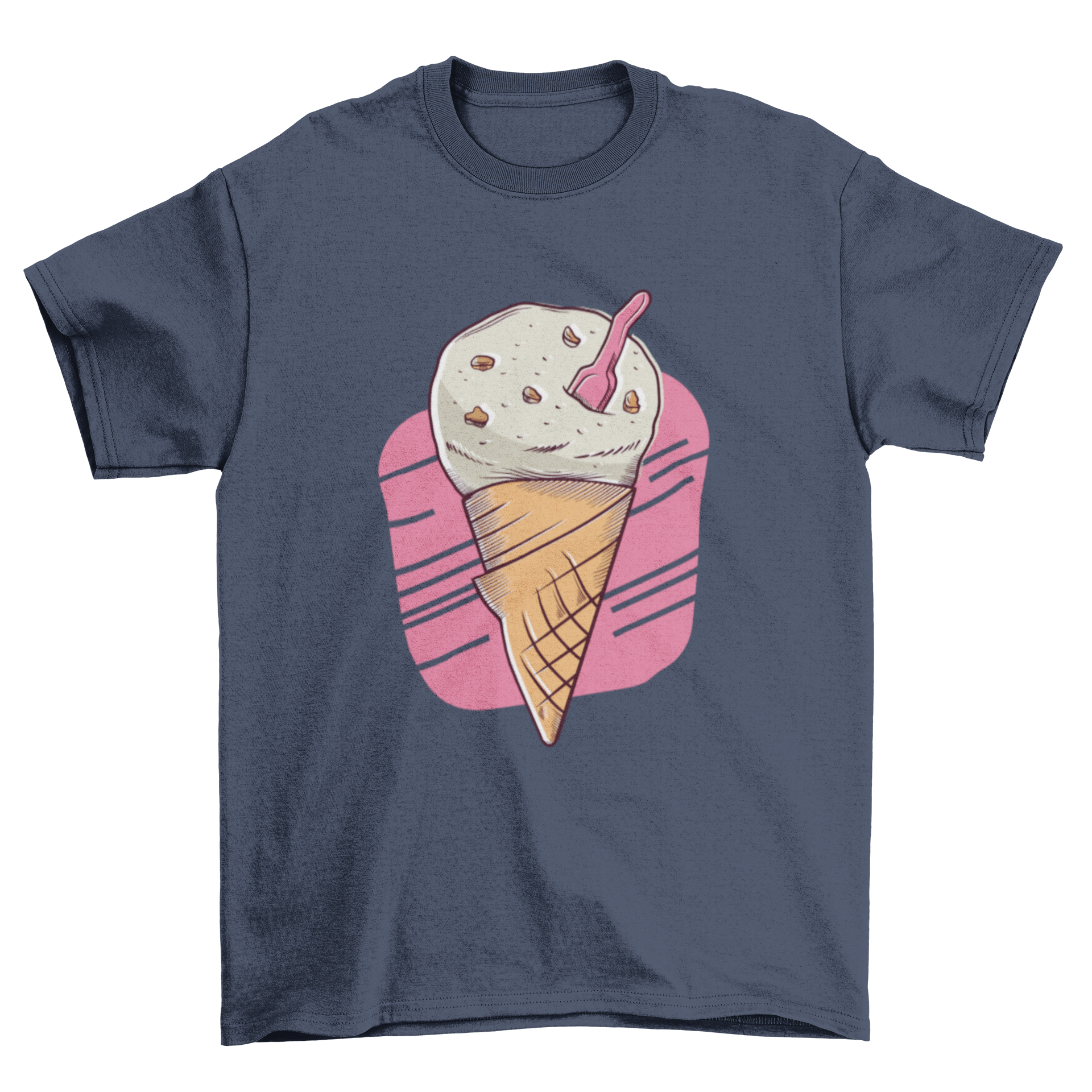 A stylish T-shirt featuring a colorful cookie ice cream illustration, perfect for ice cream lovers.