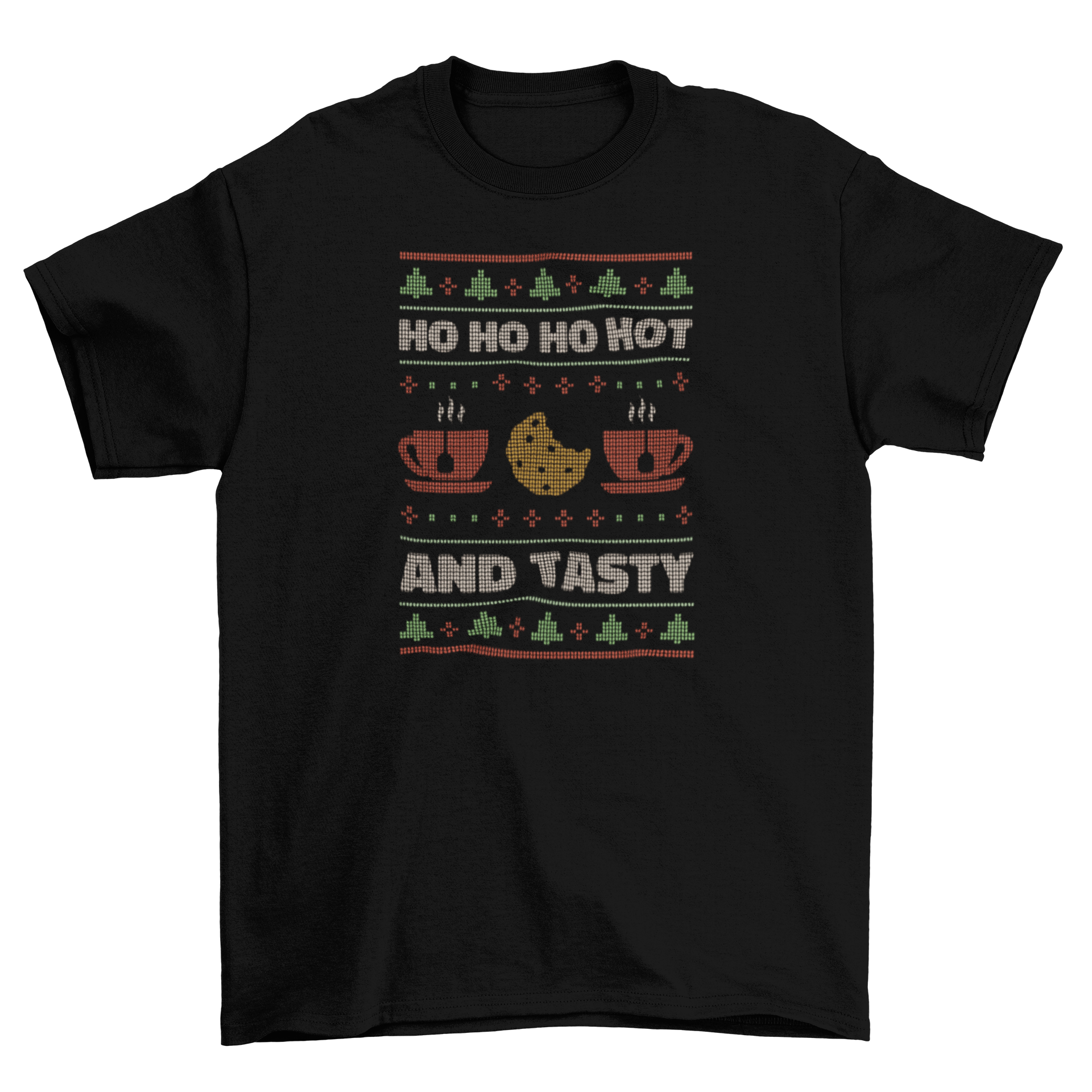 A festive t-shirt featuring a cookie and two cups of hot chocolate with the quote 'Ho ho ho hot and tasty'.