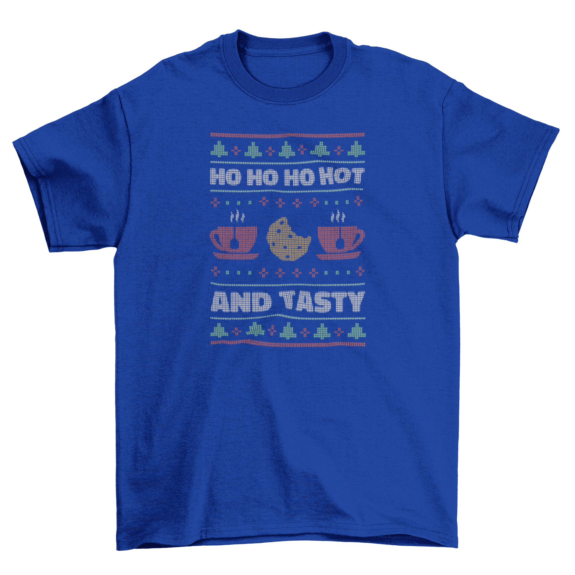 A festive t-shirt featuring a cookie and two cups of hot chocolate with the quote 'Ho ho ho hot and tasty'.