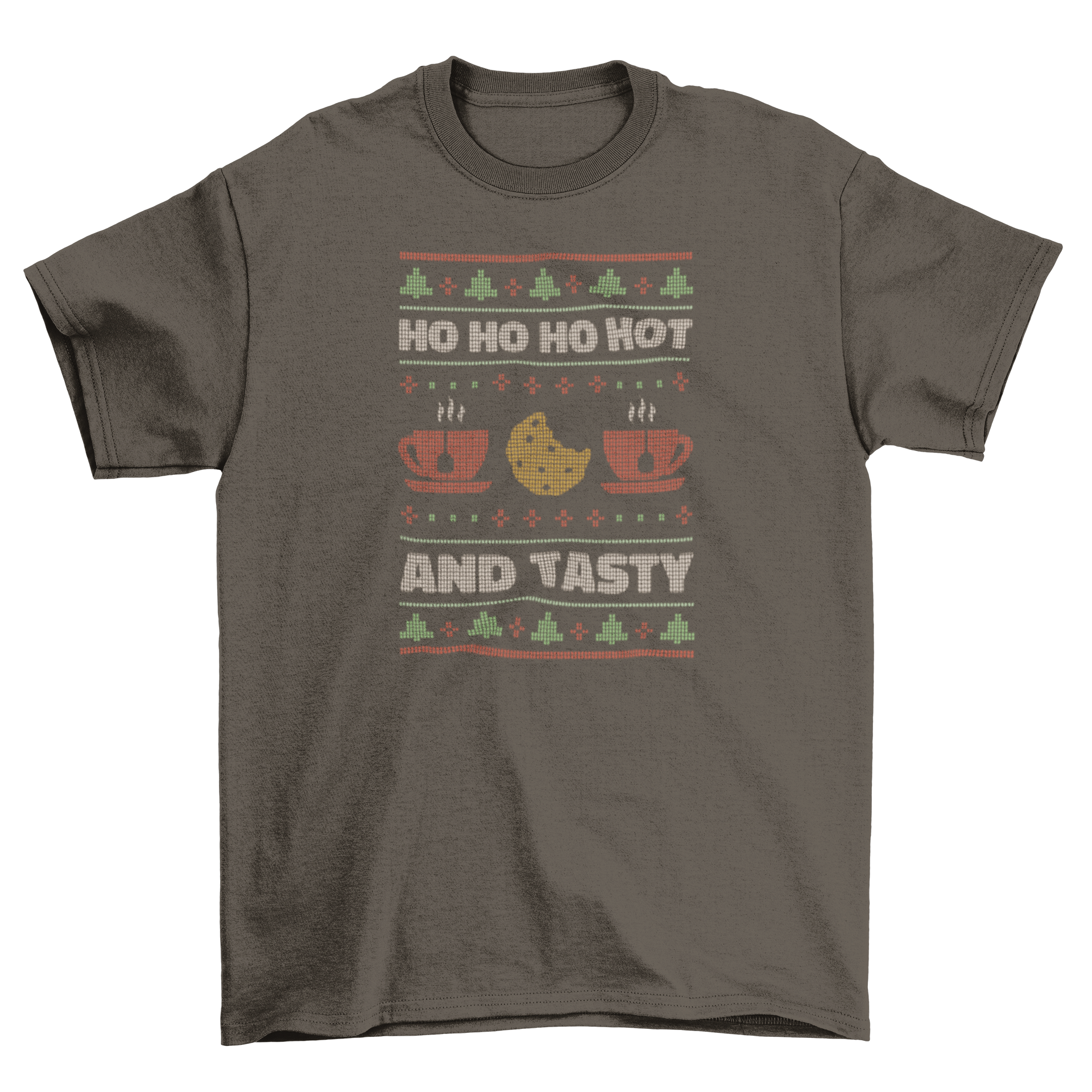 A festive t-shirt featuring a cookie and two cups of hot chocolate with the quote 'Ho ho ho hot and tasty'.