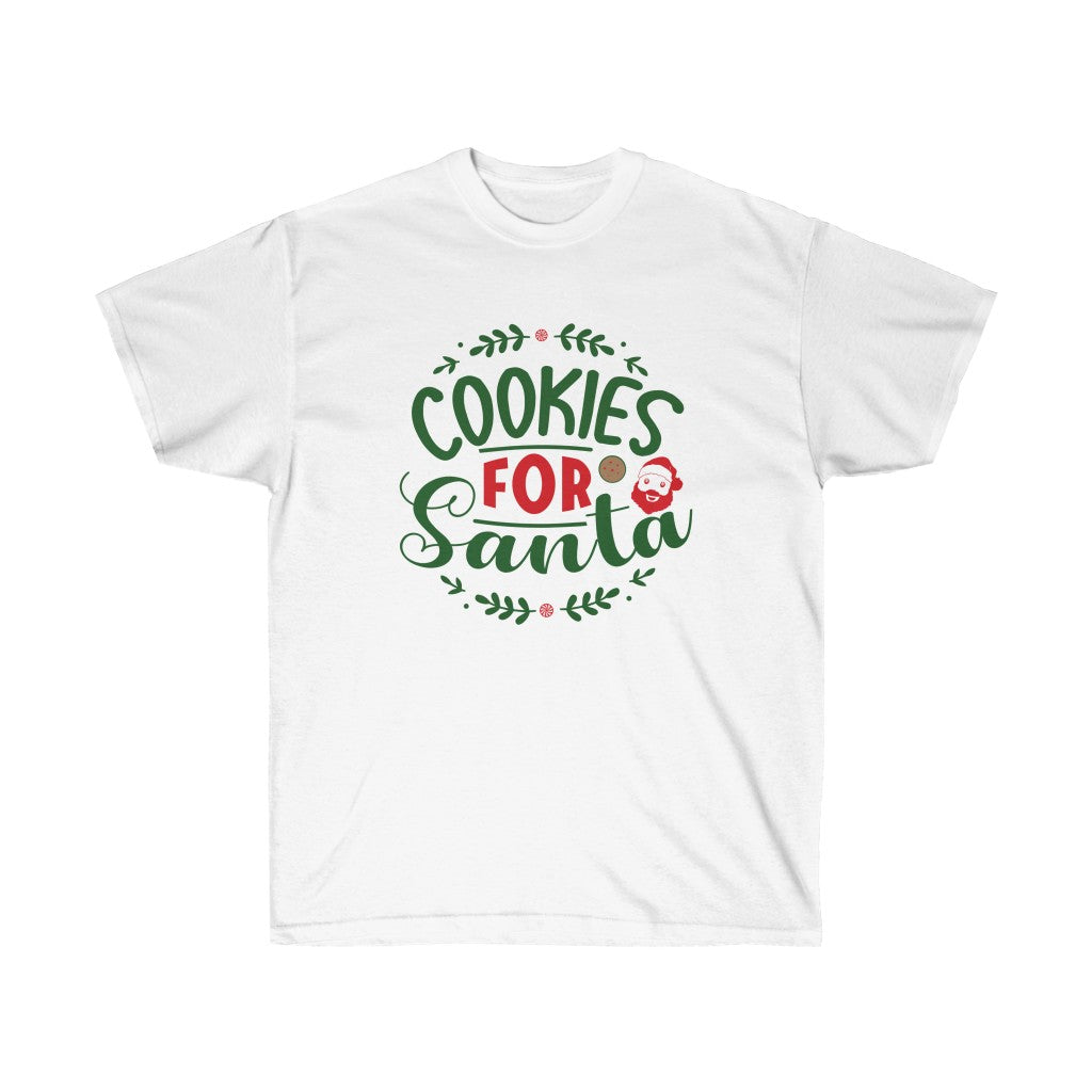 Cookies for Santa Christmas T-Shirt featuring a festive design, made from 100% soft cotton, perfect for holiday celebrations.