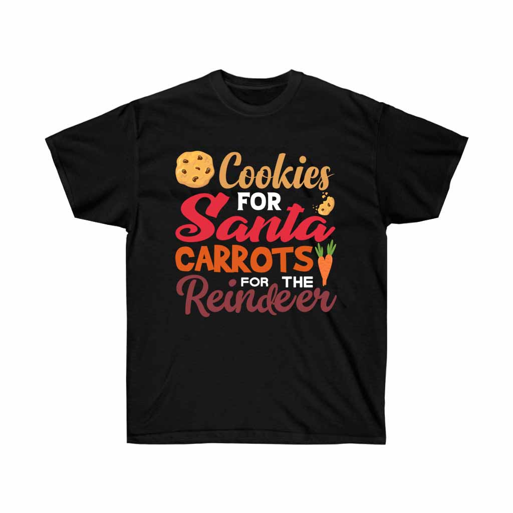 Cookies for Santa Holiday T-shirt featuring a festive design, made from 100% soft cotton, suitable for all genders.