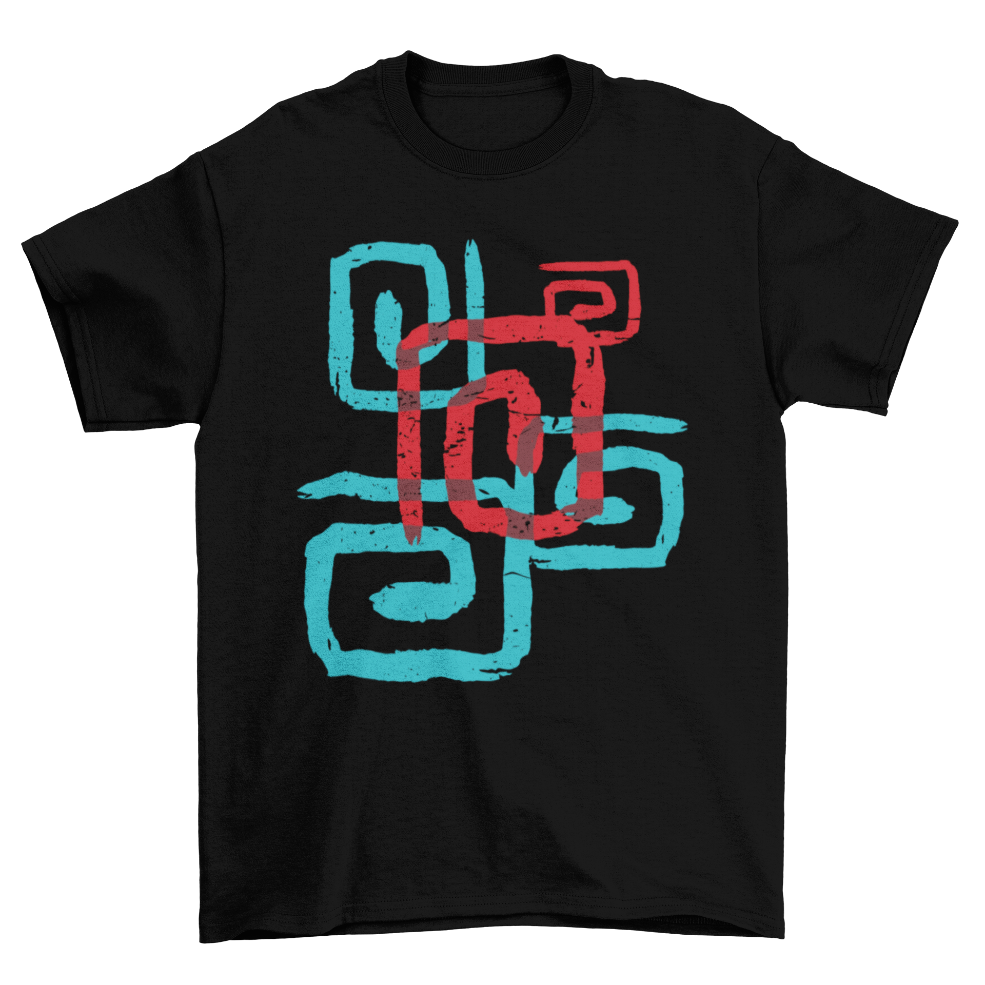 Cool abstract t-shirt featuring overlapped red and blue spirals in various sizes and directions.