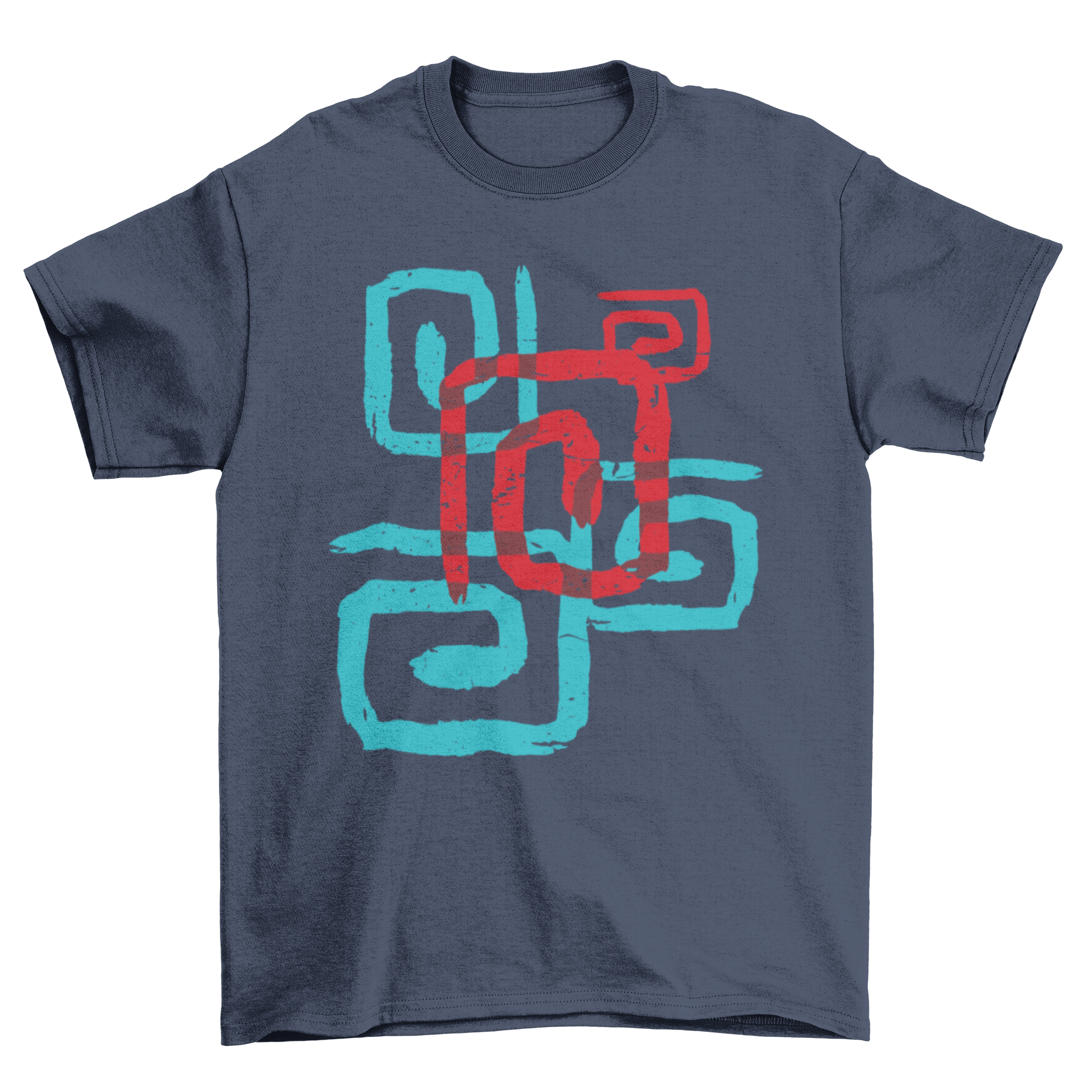 Cool abstract t-shirt featuring overlapped red and blue spirals in various sizes and directions.