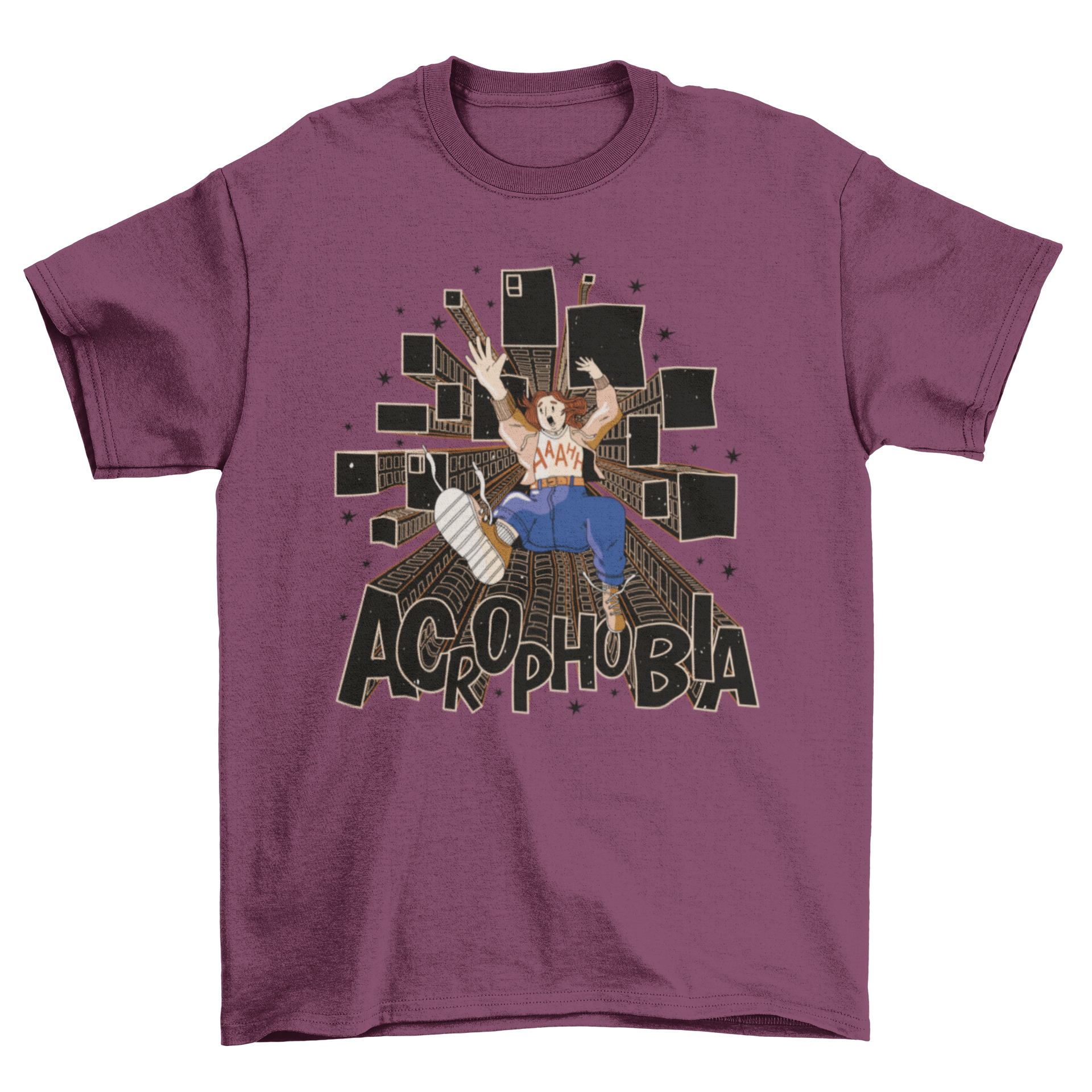 Cool acrophobia t-shirt featuring a girl falling from a building, showcasing a unique and bold design.