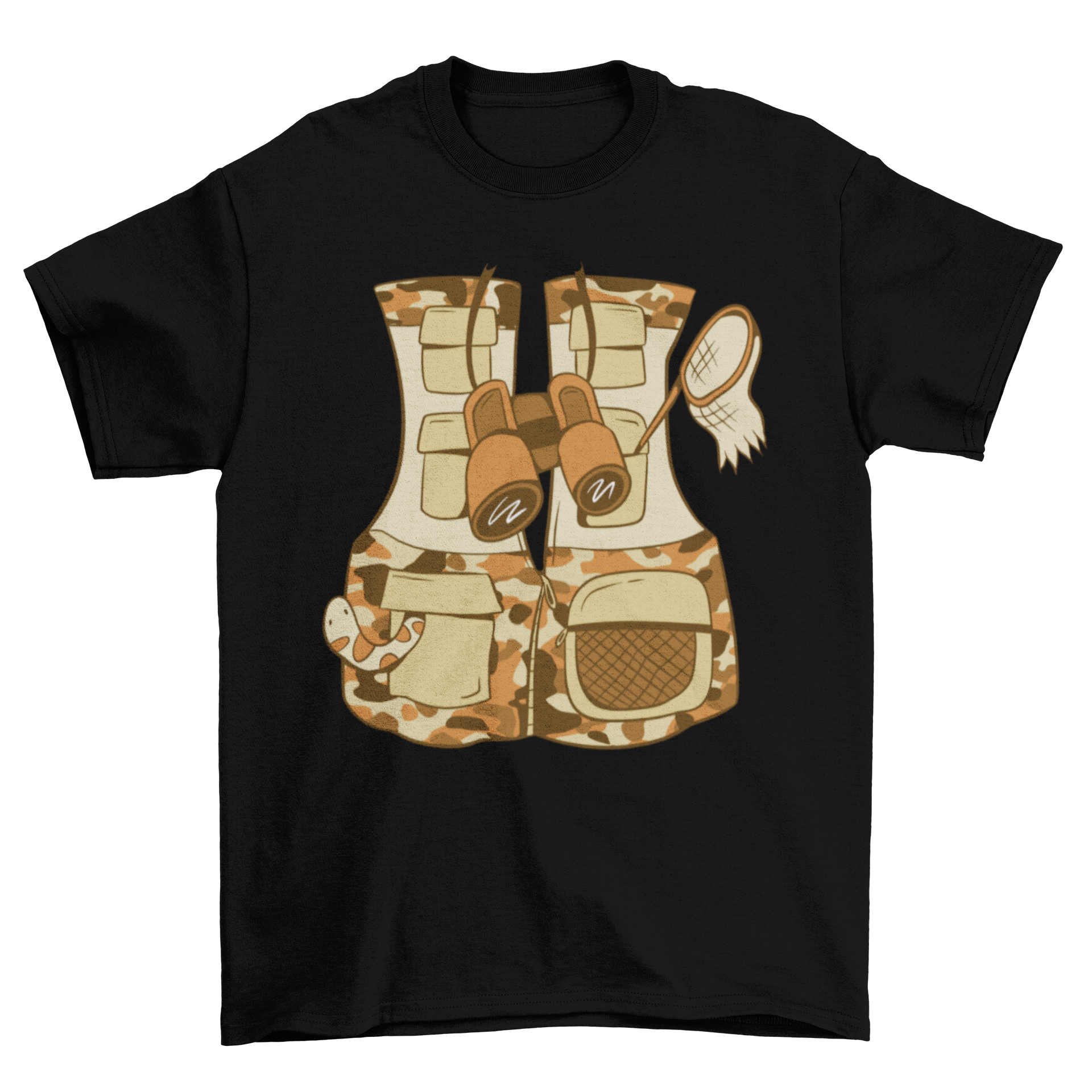 A stylish t-shirt featuring a unique safari vest design, perfect for outdoor adventures.