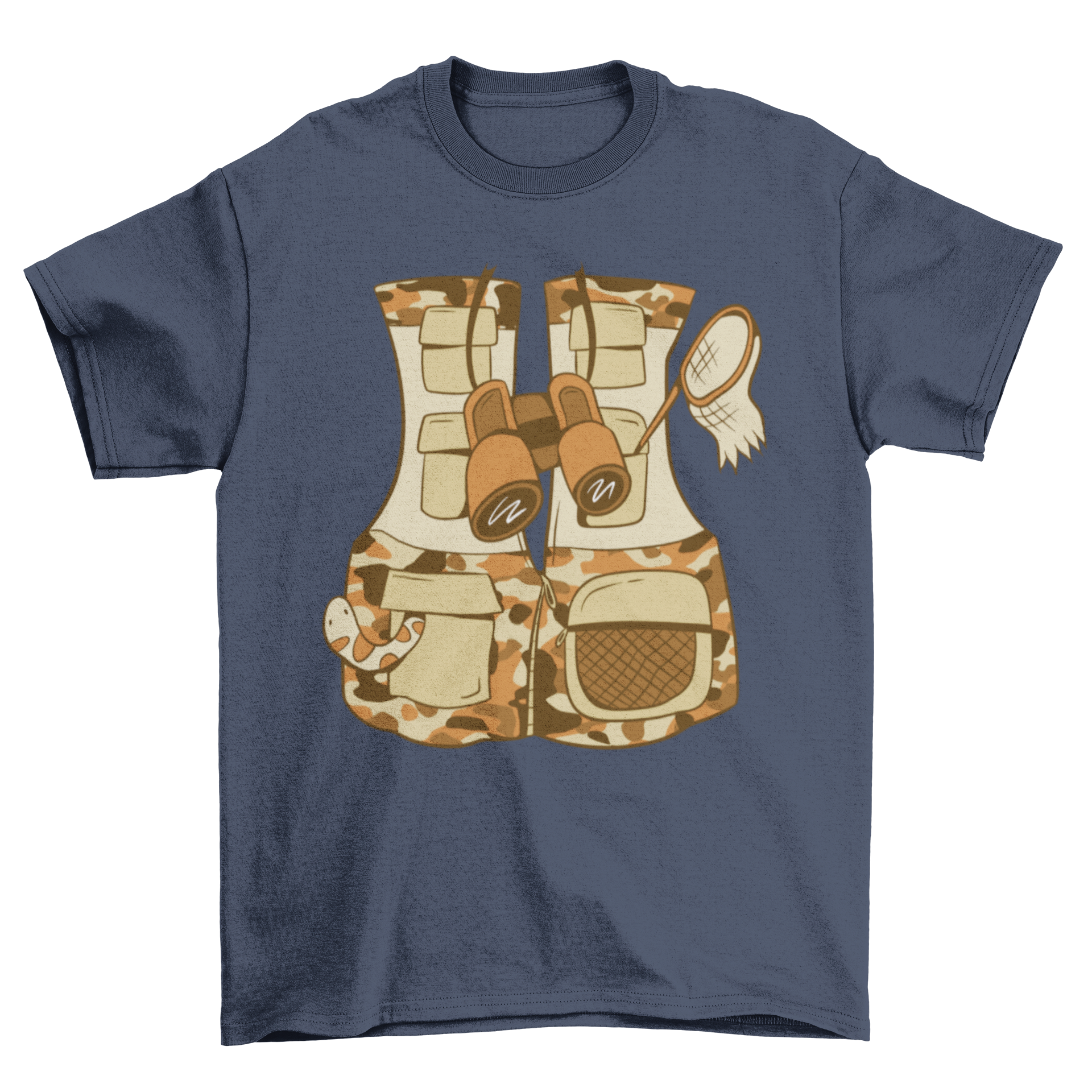 A stylish t-shirt featuring a unique safari vest design, perfect for outdoor adventures.