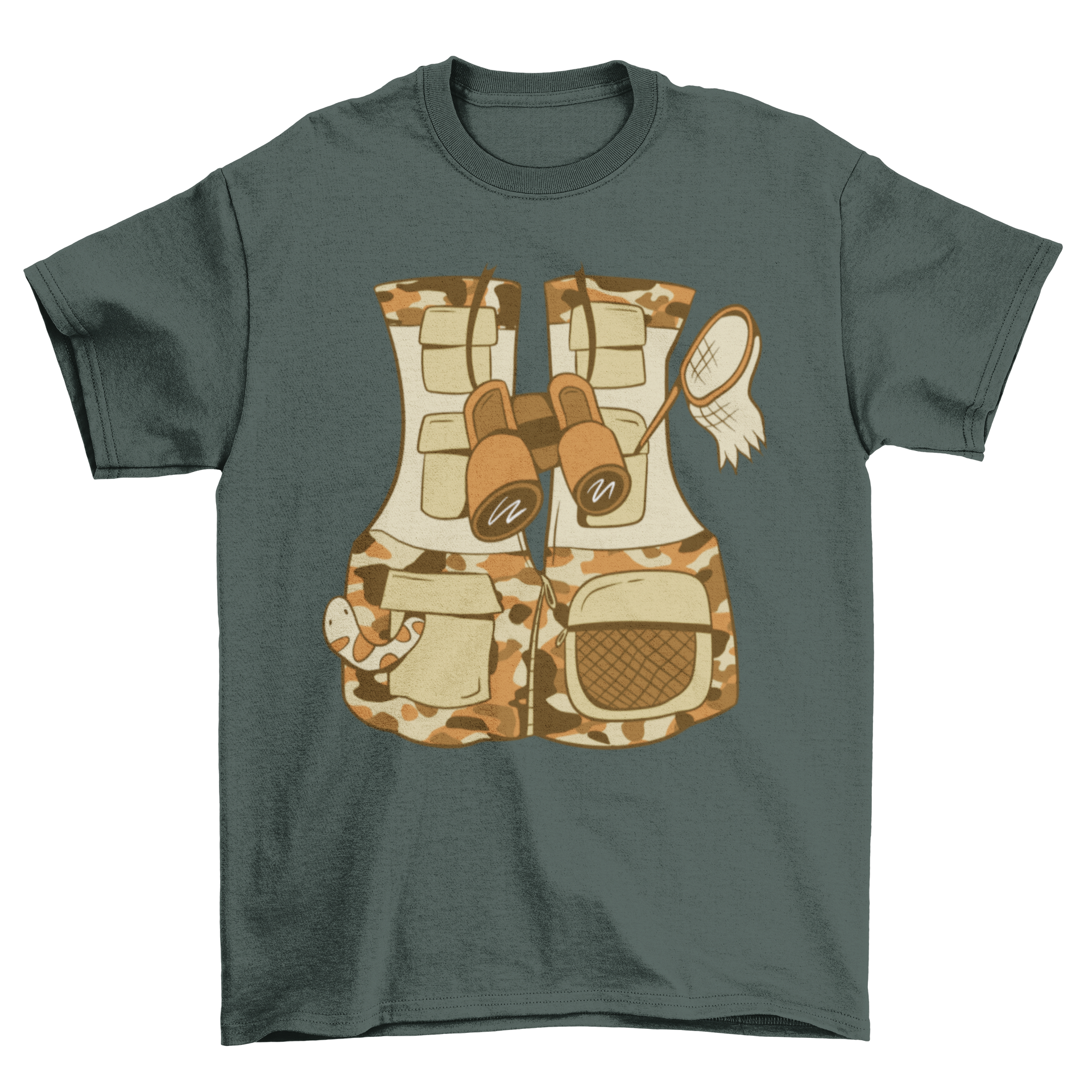 A stylish t-shirt featuring a unique safari vest design, perfect for outdoor adventures.