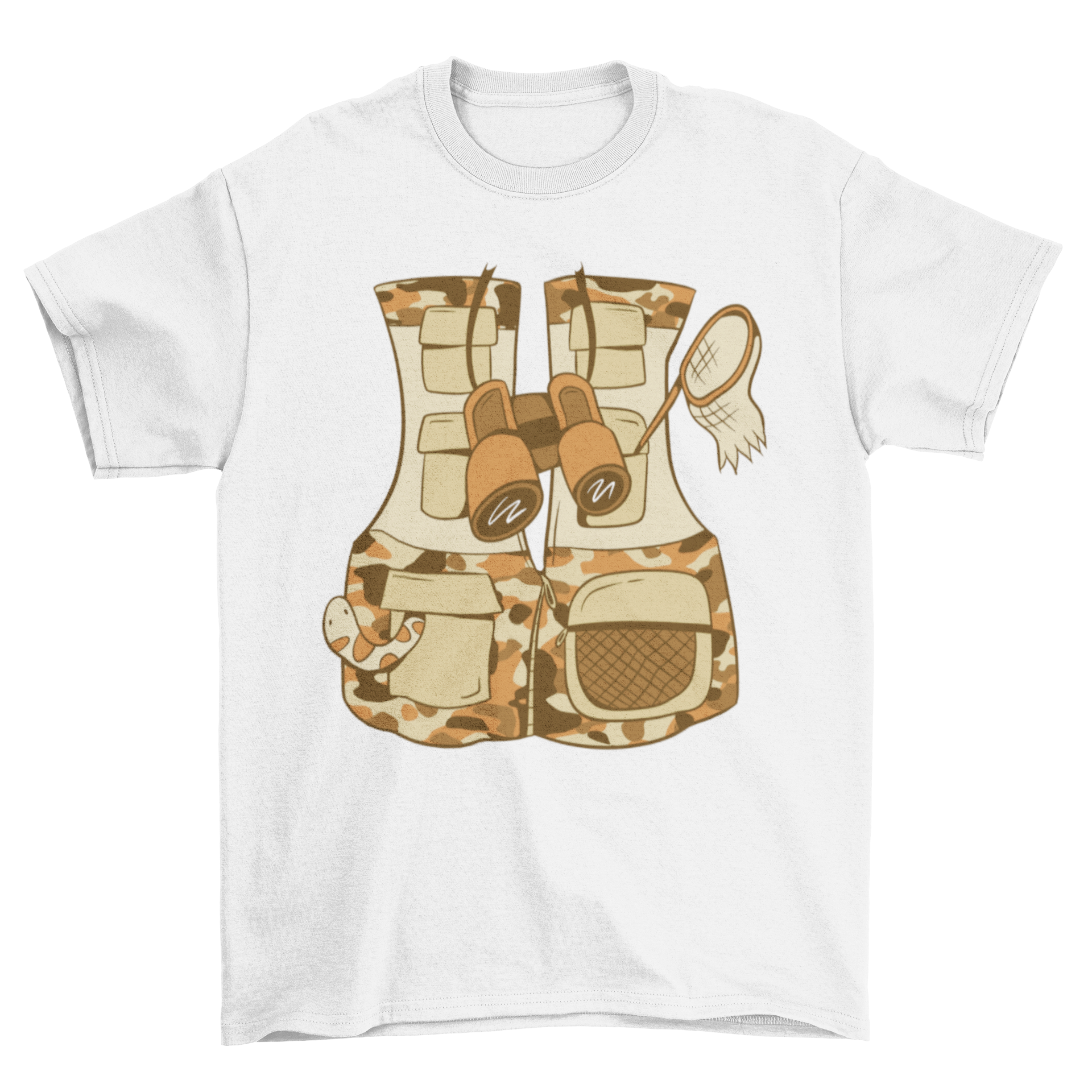 A stylish t-shirt featuring a unique safari vest design, perfect for outdoor adventures.