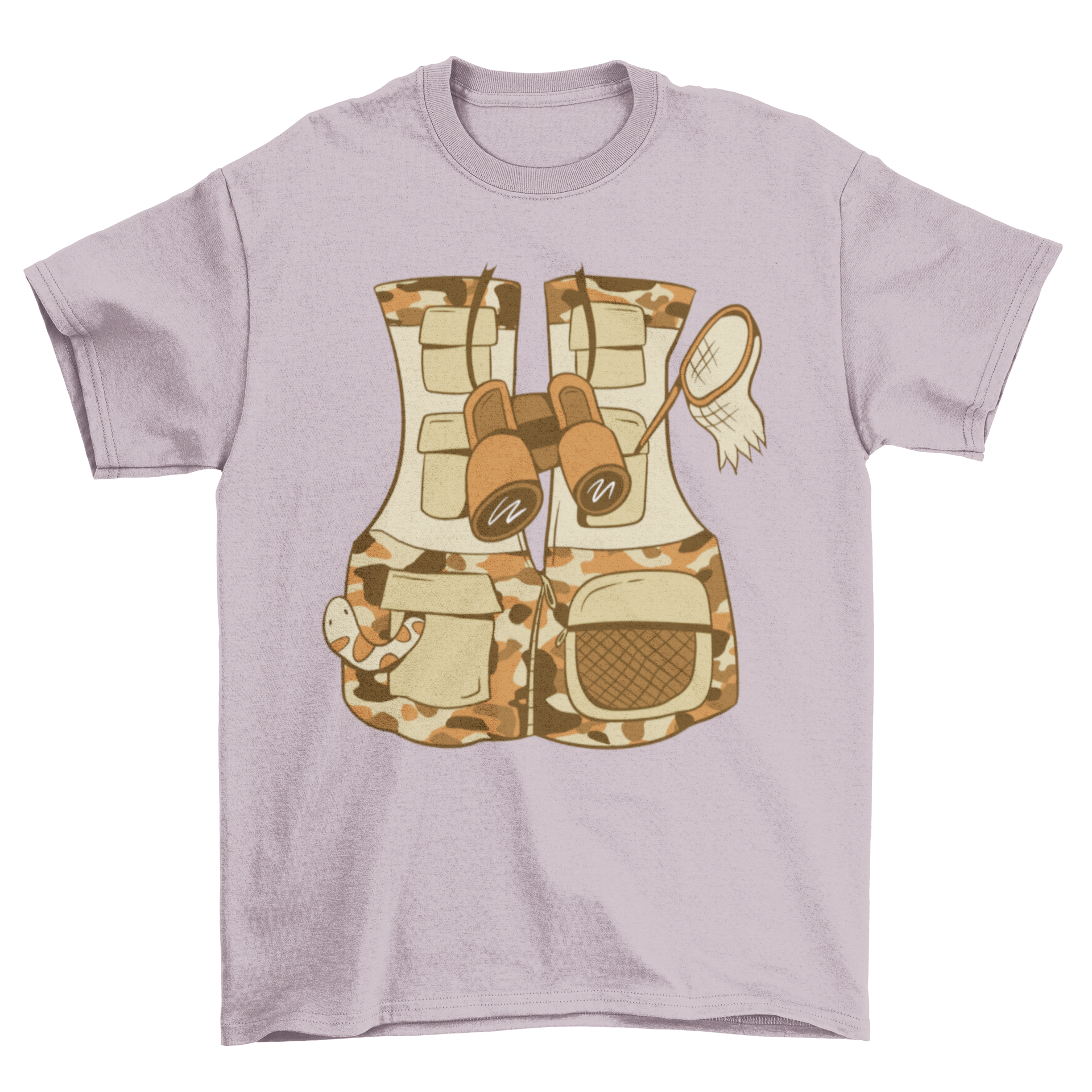 A stylish t-shirt featuring a unique safari vest design, perfect for outdoor adventures.