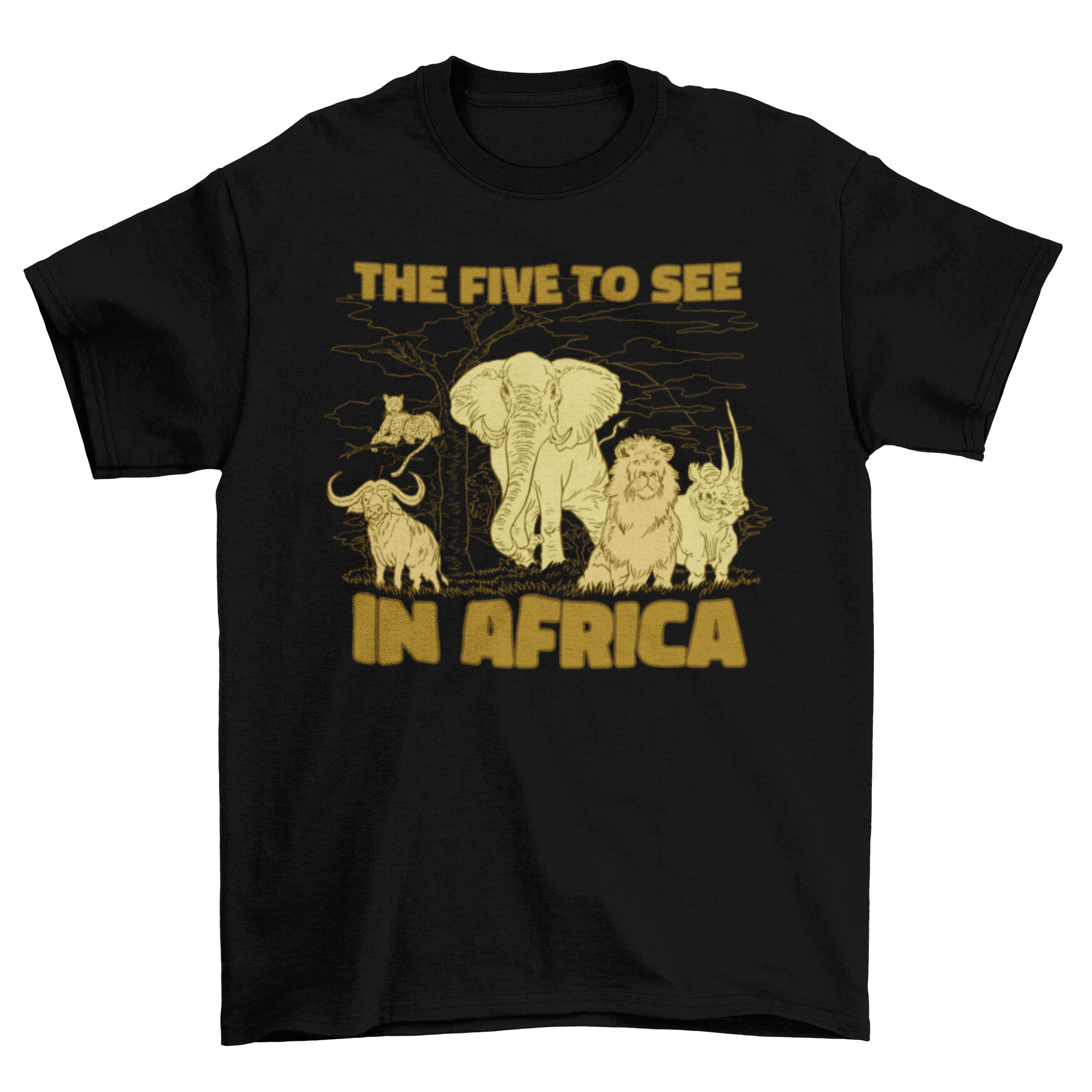 Cool Africa t-shirt featuring various African wild animals and the quote 'The five to see in Africa'.