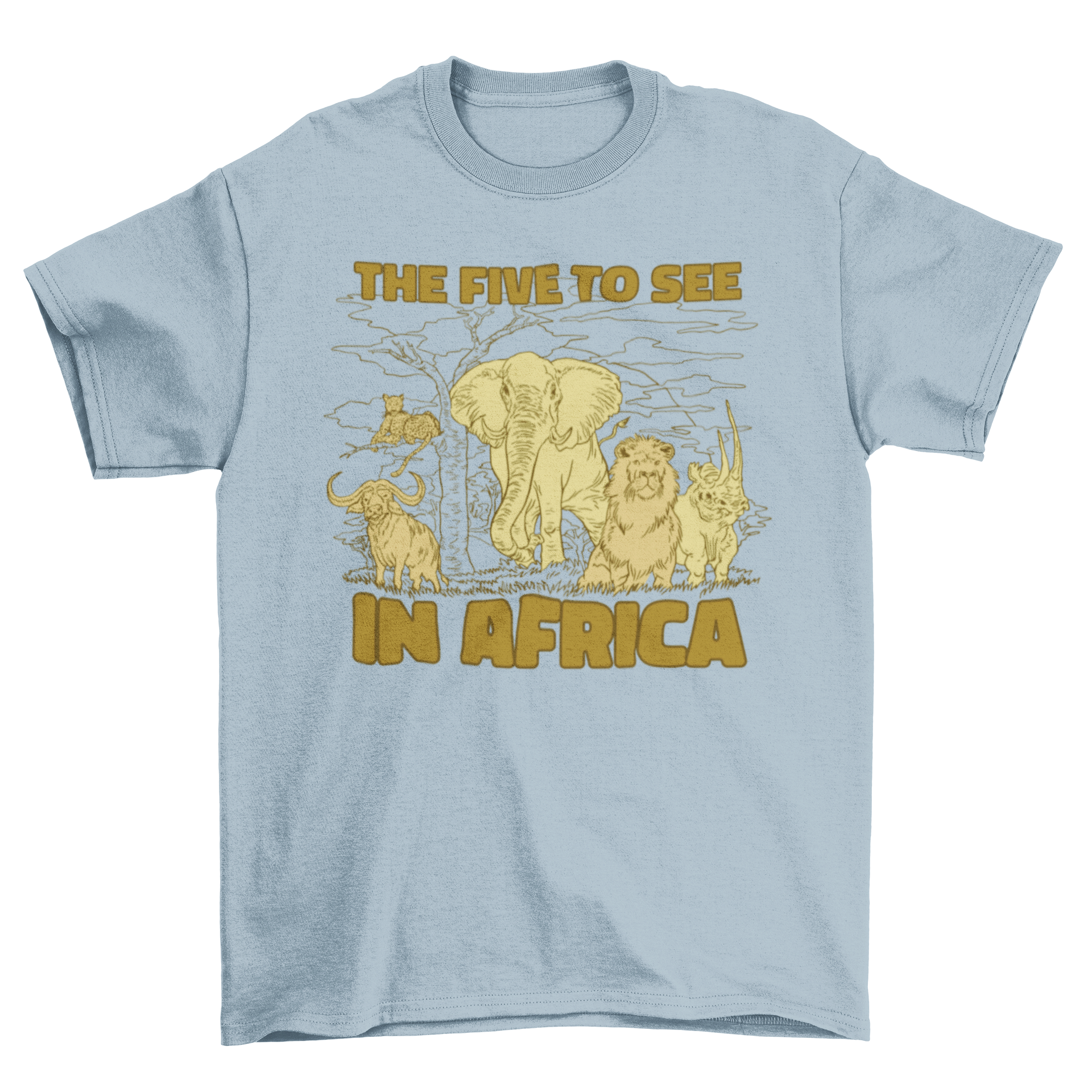 Cool Africa t-shirt featuring various African wild animals and the quote 'The five to see in Africa'.