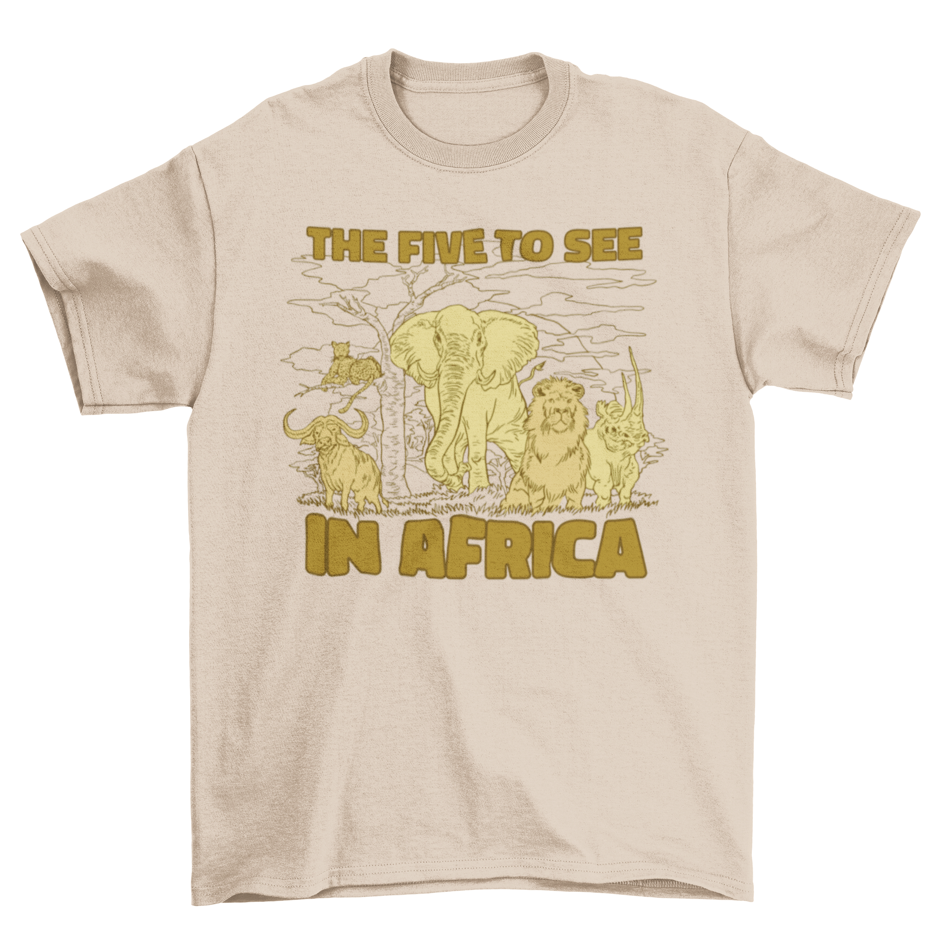 Cool Africa t-shirt featuring various African wild animals and the quote 'The five to see in Africa'.