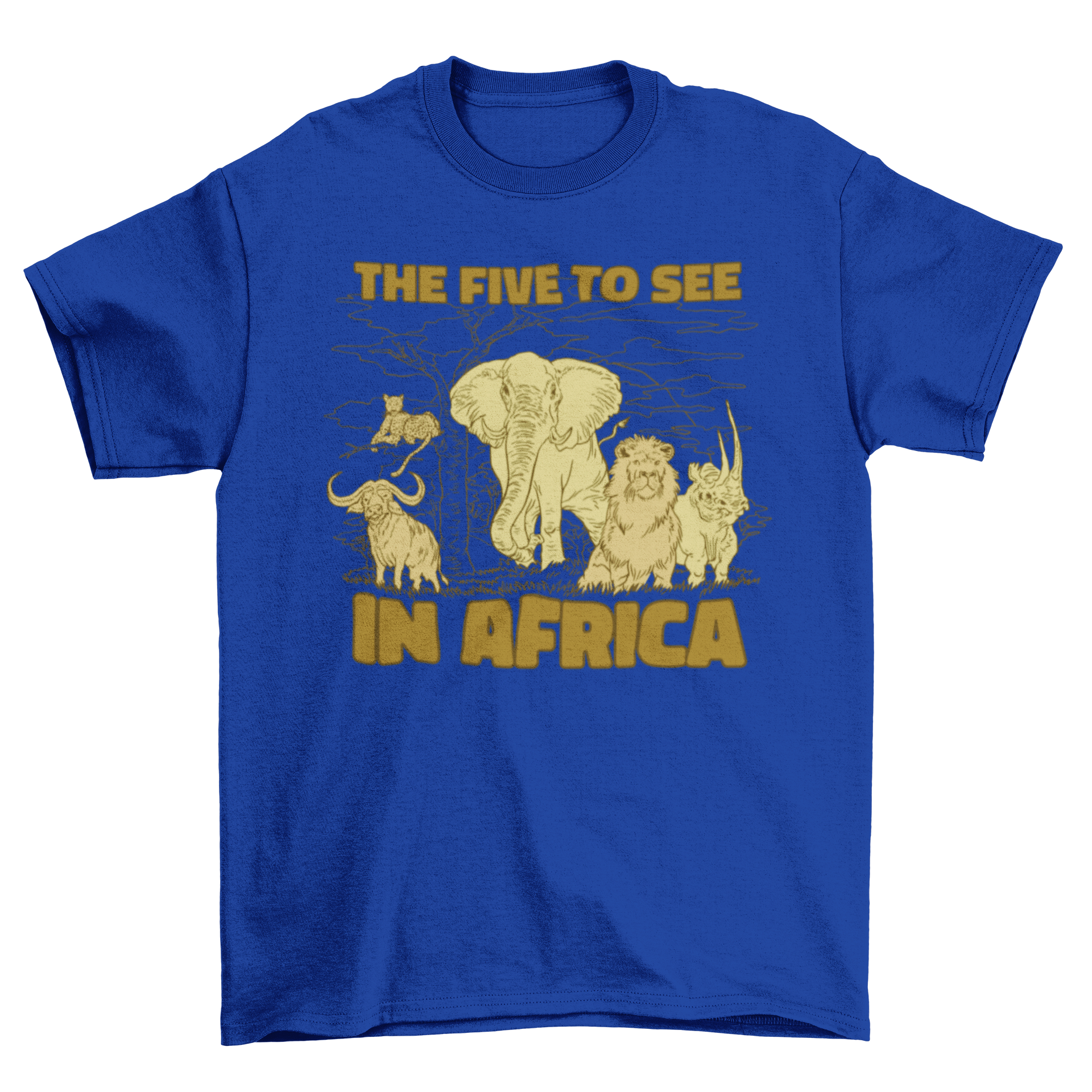 Cool Africa t-shirt featuring various African wild animals and the quote 'The five to see in Africa'.