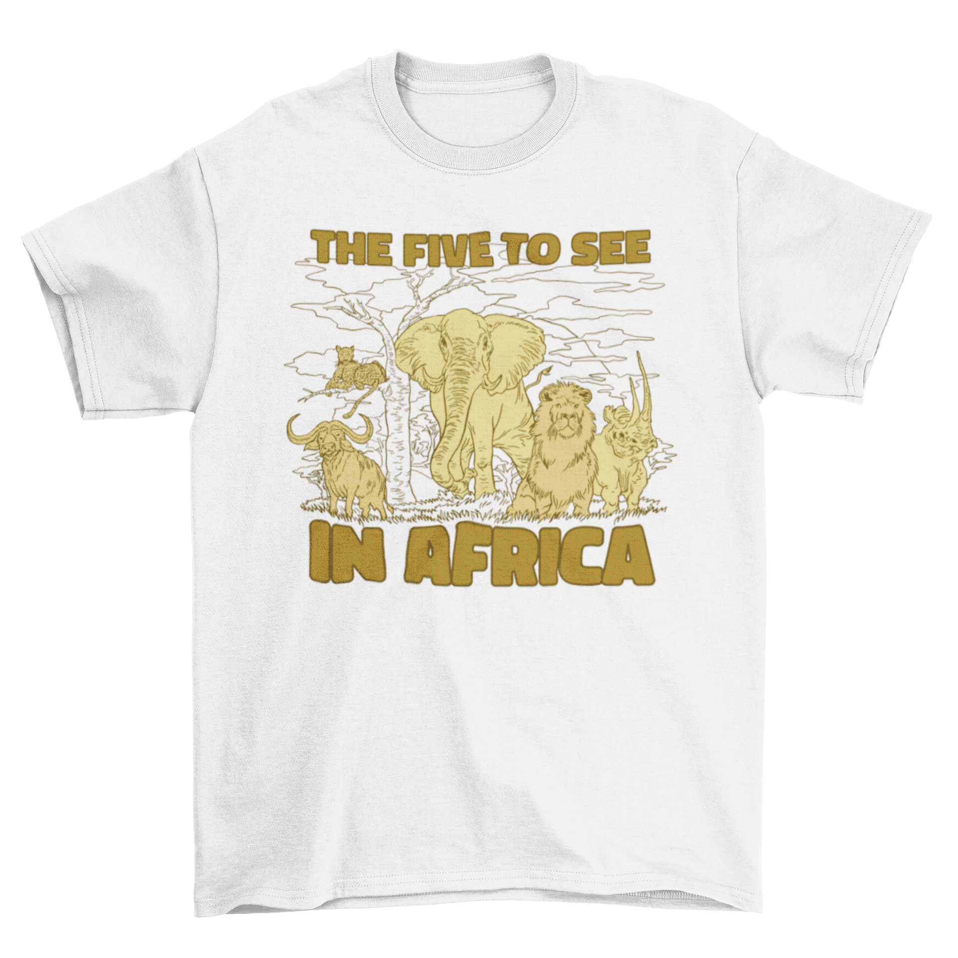 Cool Africa t-shirt featuring various African wild animals and the quote 'The five to see in Africa'.