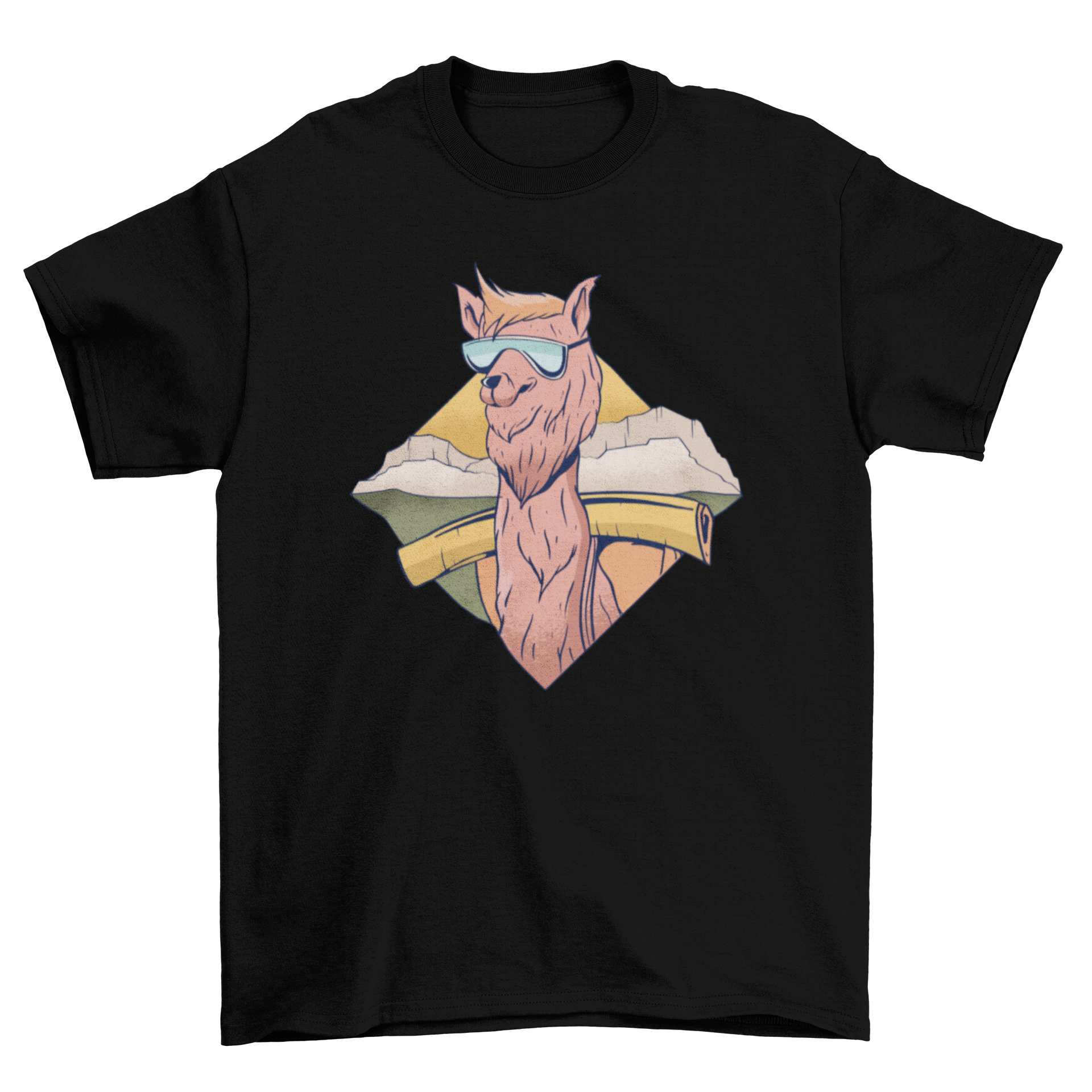 A stylish Cool Alpaca T-shirt featuring a cartoon alpaca wearing sunglasses, perfect for casual wear.