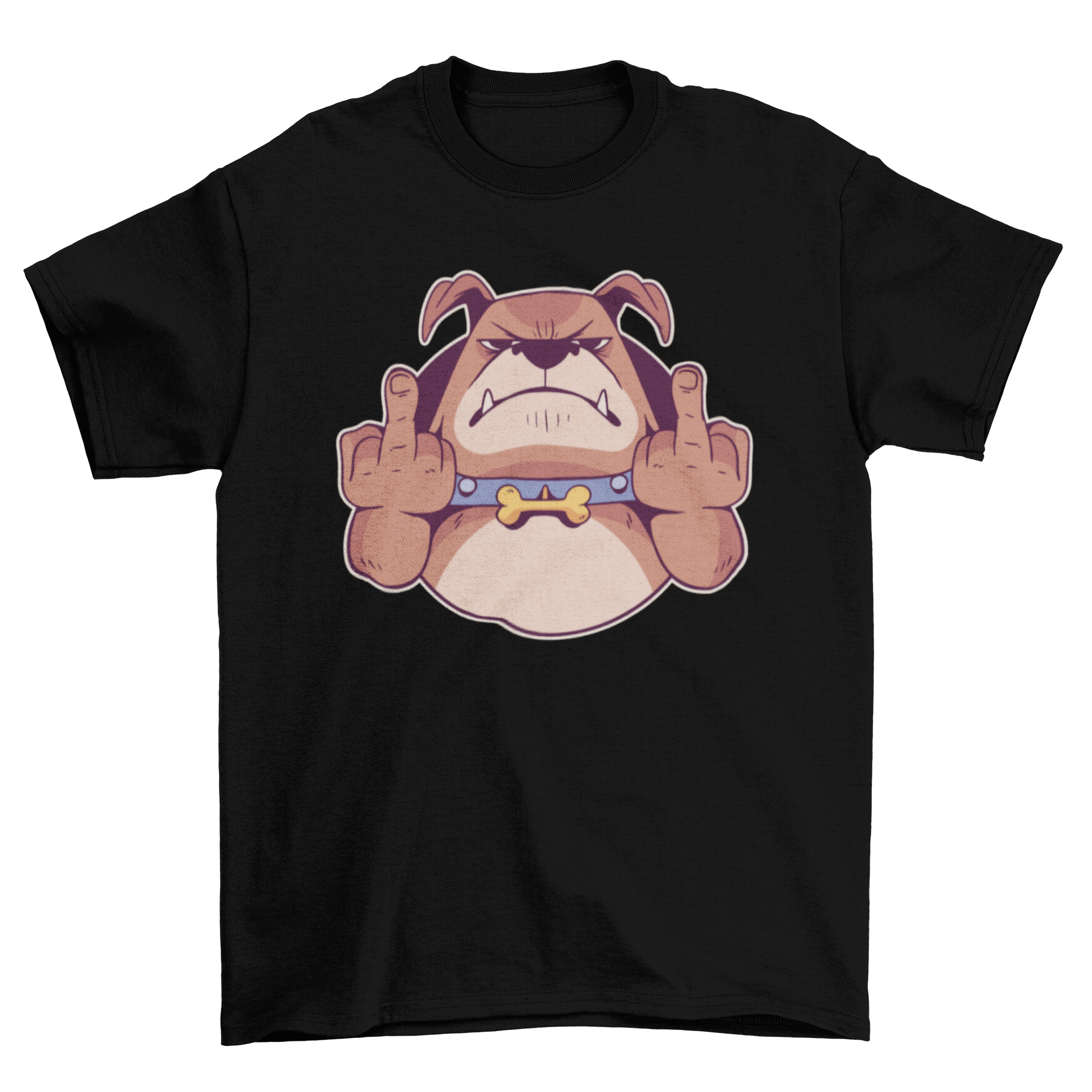 A cool t-shirt featuring an angry cartoon dog raising its middle fingers, showcasing a humorous and rebellious design.