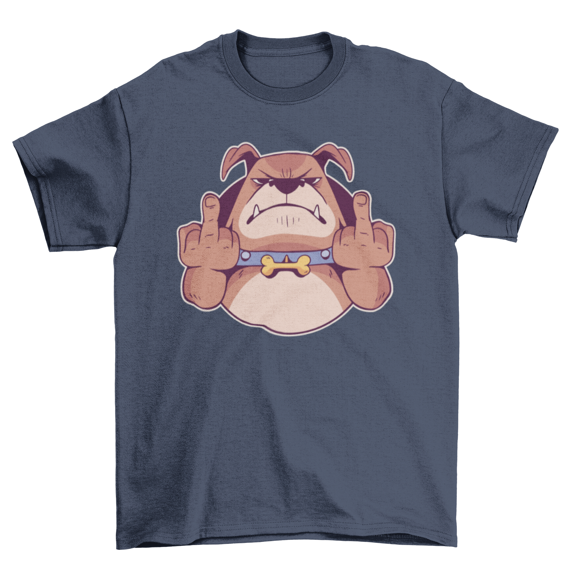 A cool t-shirt featuring an angry cartoon dog raising its middle fingers, showcasing a humorous and rebellious design.