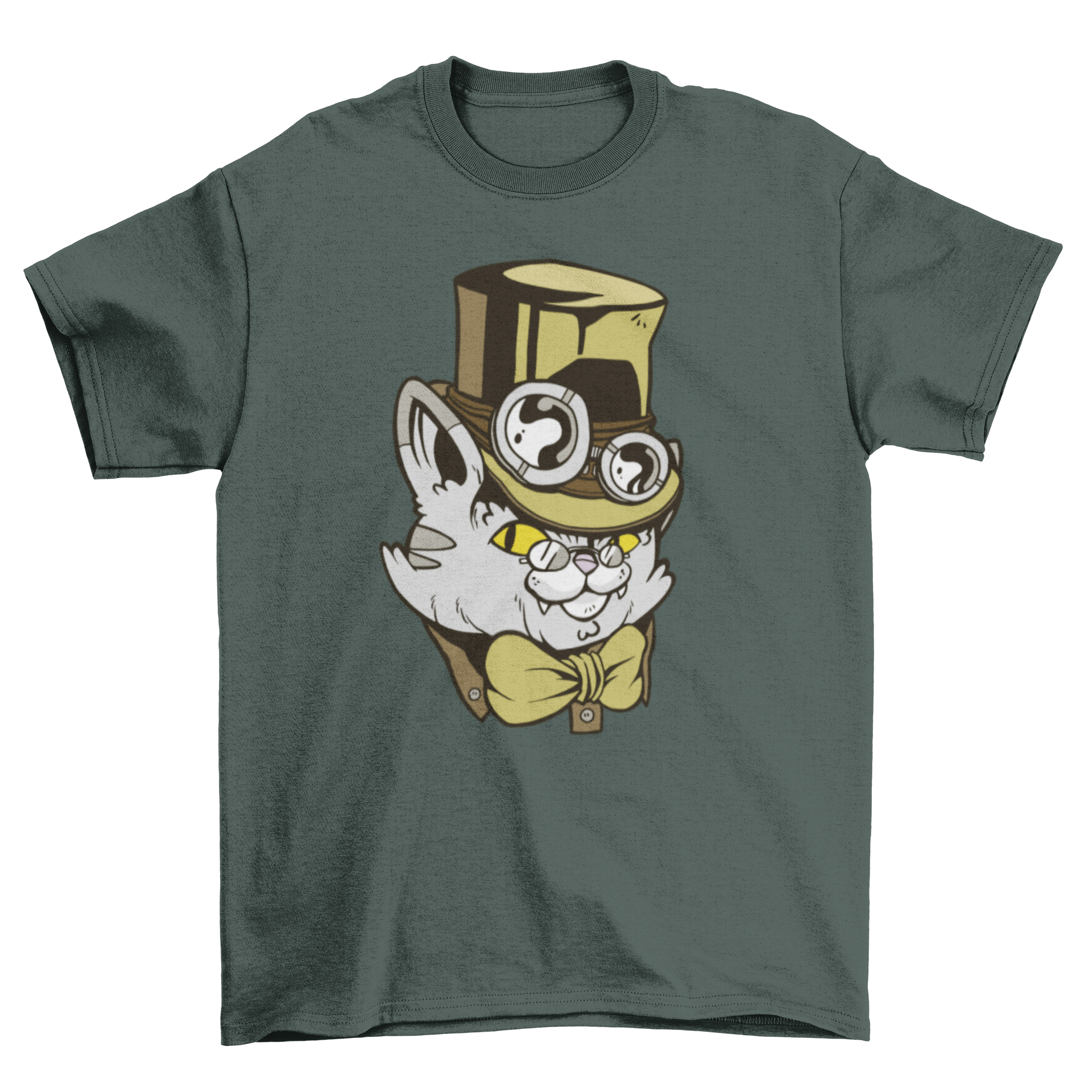 A stylish t-shirt featuring a whimsical steampunk cat character wearing a high hat and intricate clothing, perfect for cat lovers.