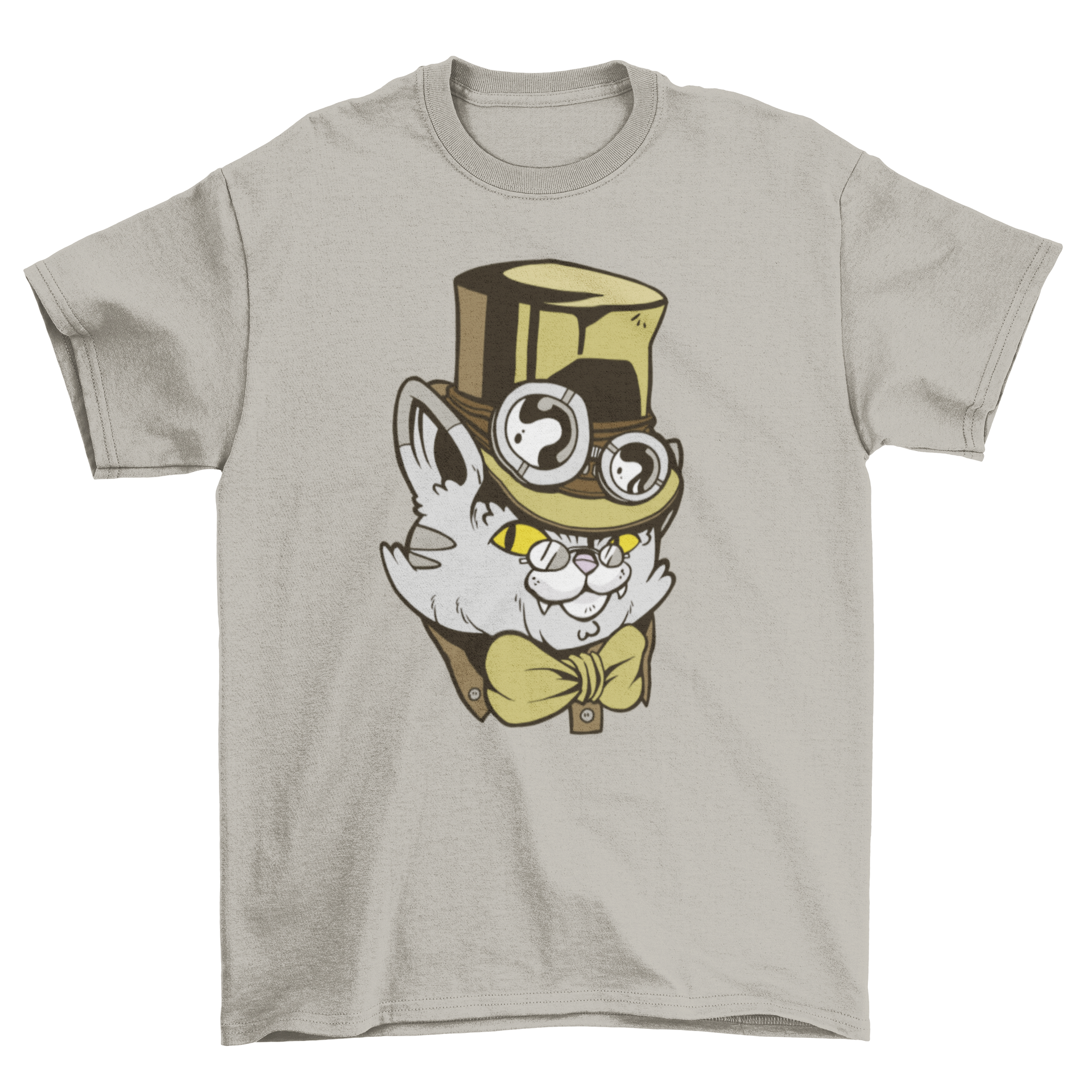 A stylish t-shirt featuring a whimsical steampunk cat character wearing a high hat and intricate clothing, perfect for cat lovers.