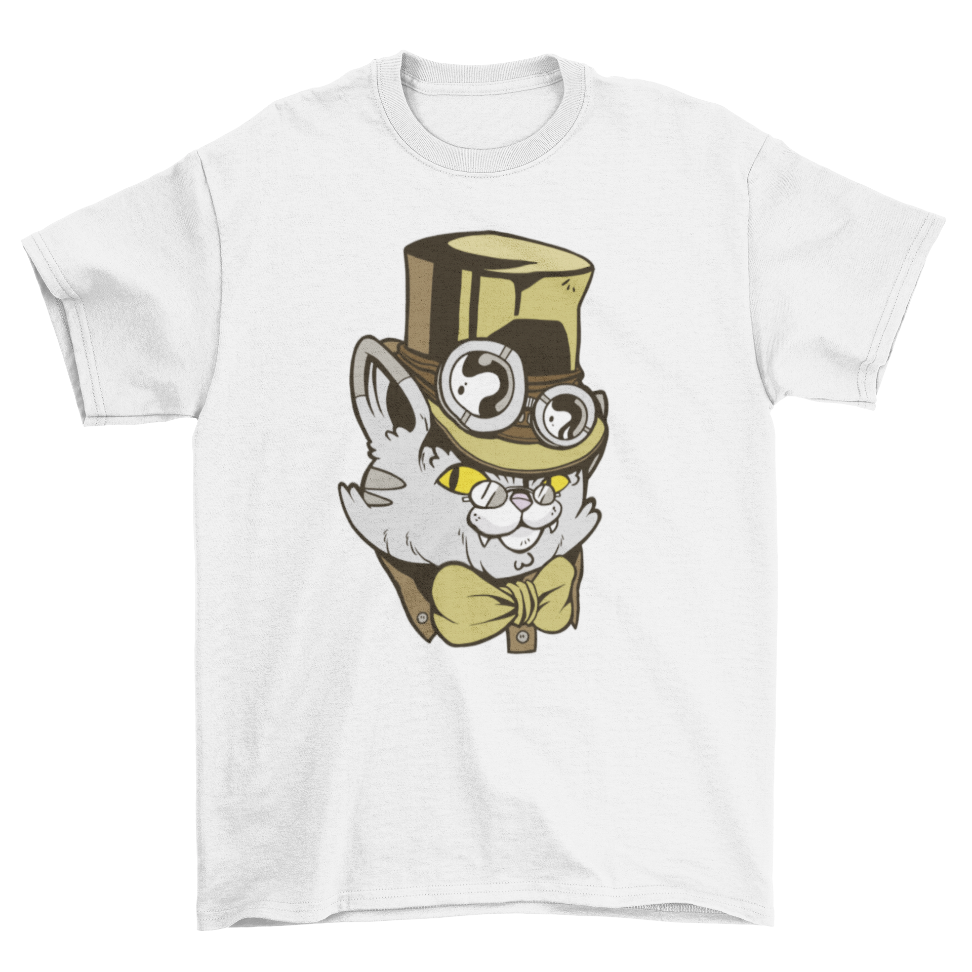 A stylish t-shirt featuring a whimsical steampunk cat character wearing a high hat and intricate clothing, perfect for cat lovers.