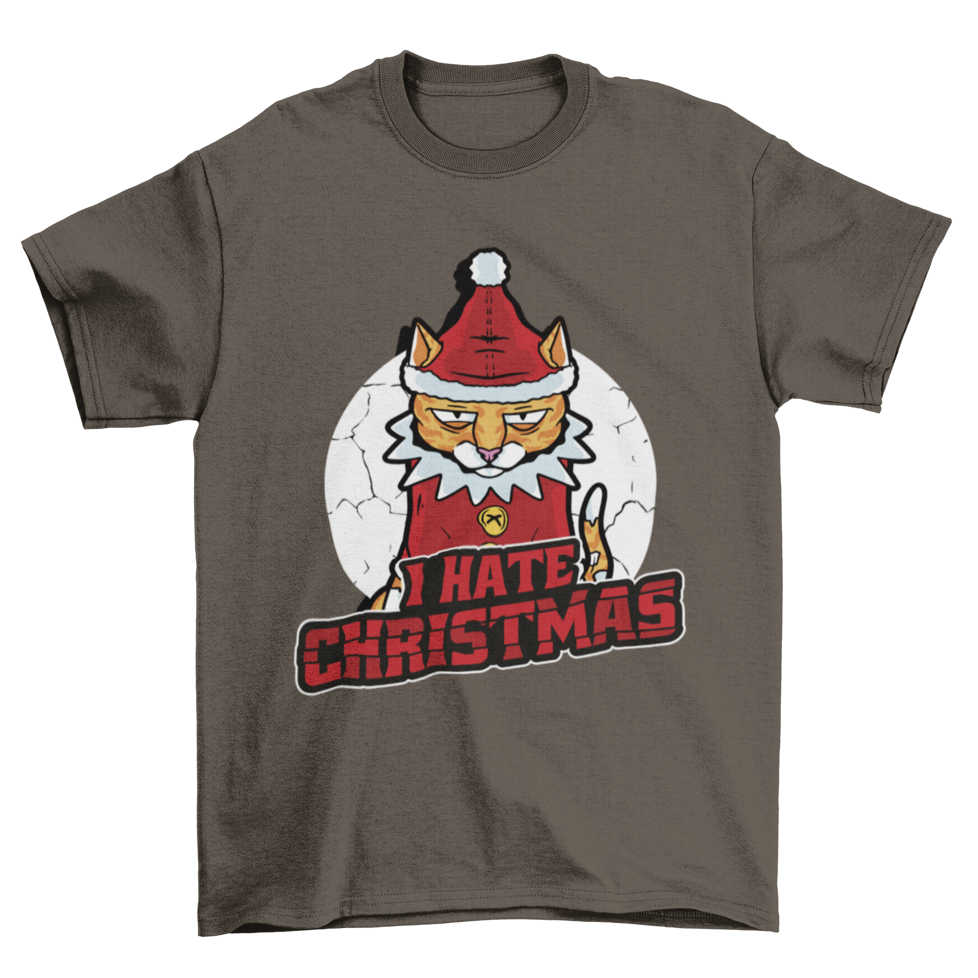 Cool anti-Christmas cat t-shirt featuring a grumpy cat and the quote 'I hate Christmas' in bold lettering.