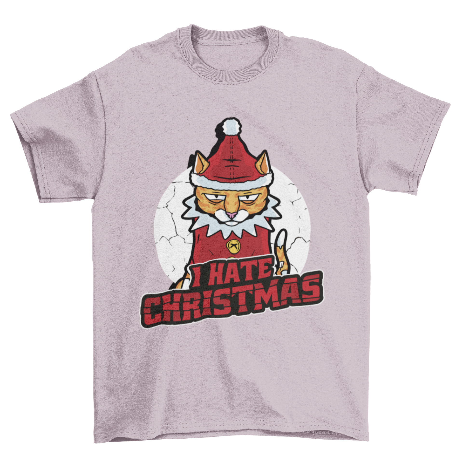 Cool anti-Christmas cat t-shirt featuring a grumpy cat and the quote 'I hate Christmas' in bold lettering.