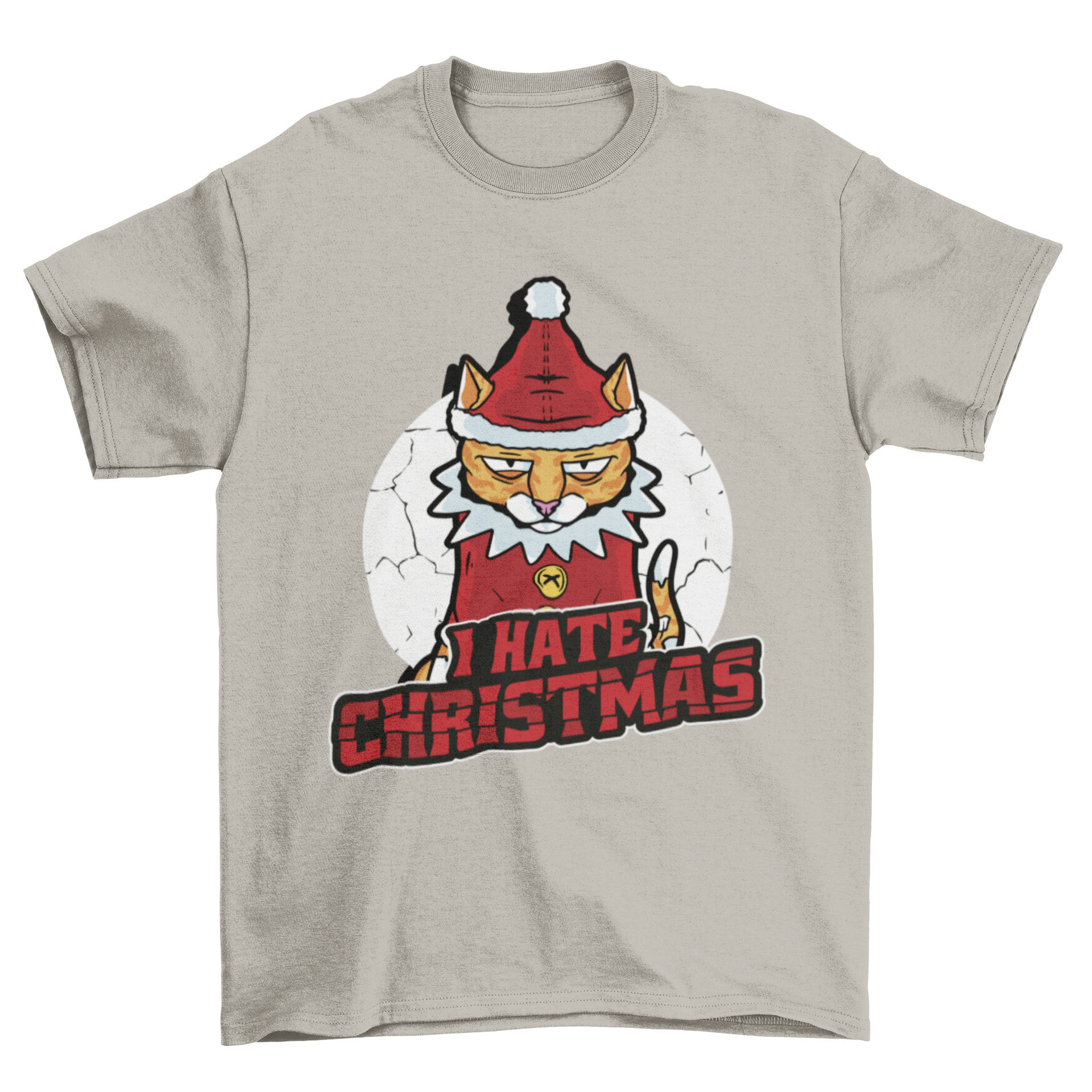 Cool anti-Christmas cat t-shirt featuring a grumpy cat and the quote 'I hate Christmas' in bold lettering.