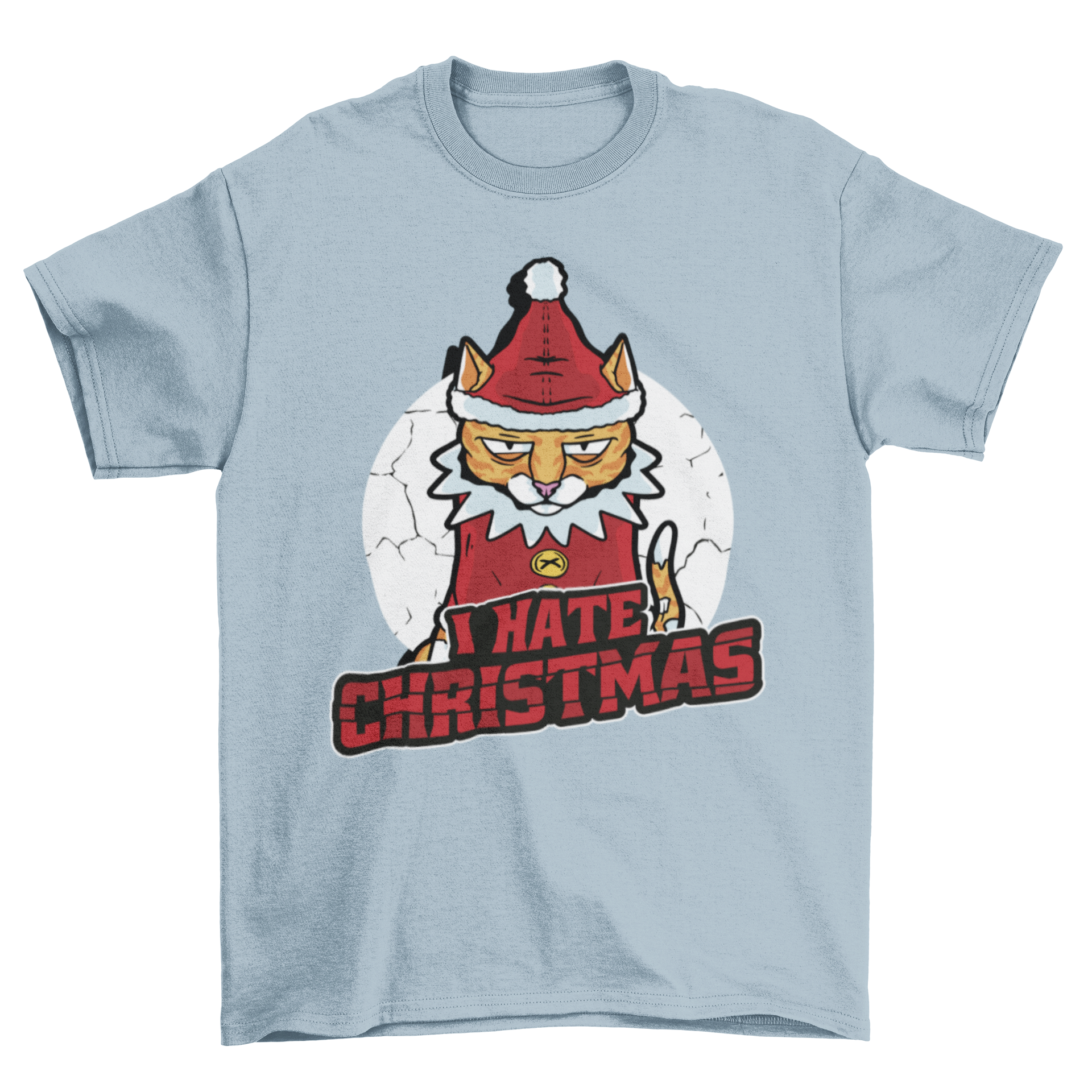 Cool anti-Christmas cat t-shirt featuring a grumpy cat and the quote 'I hate Christmas' in bold lettering.