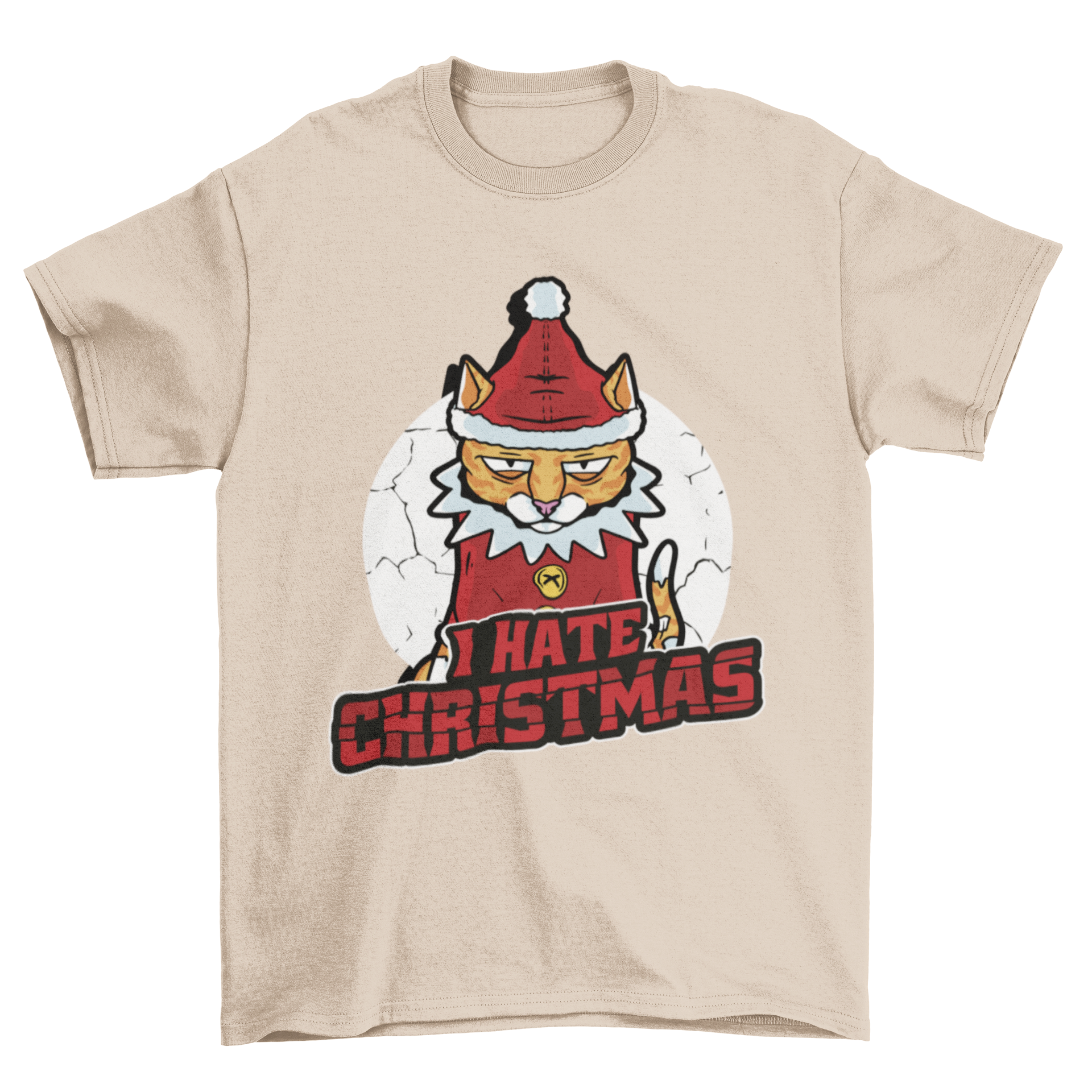 Cool anti-Christmas cat t-shirt featuring a grumpy cat and the quote 'I hate Christmas' in bold lettering.