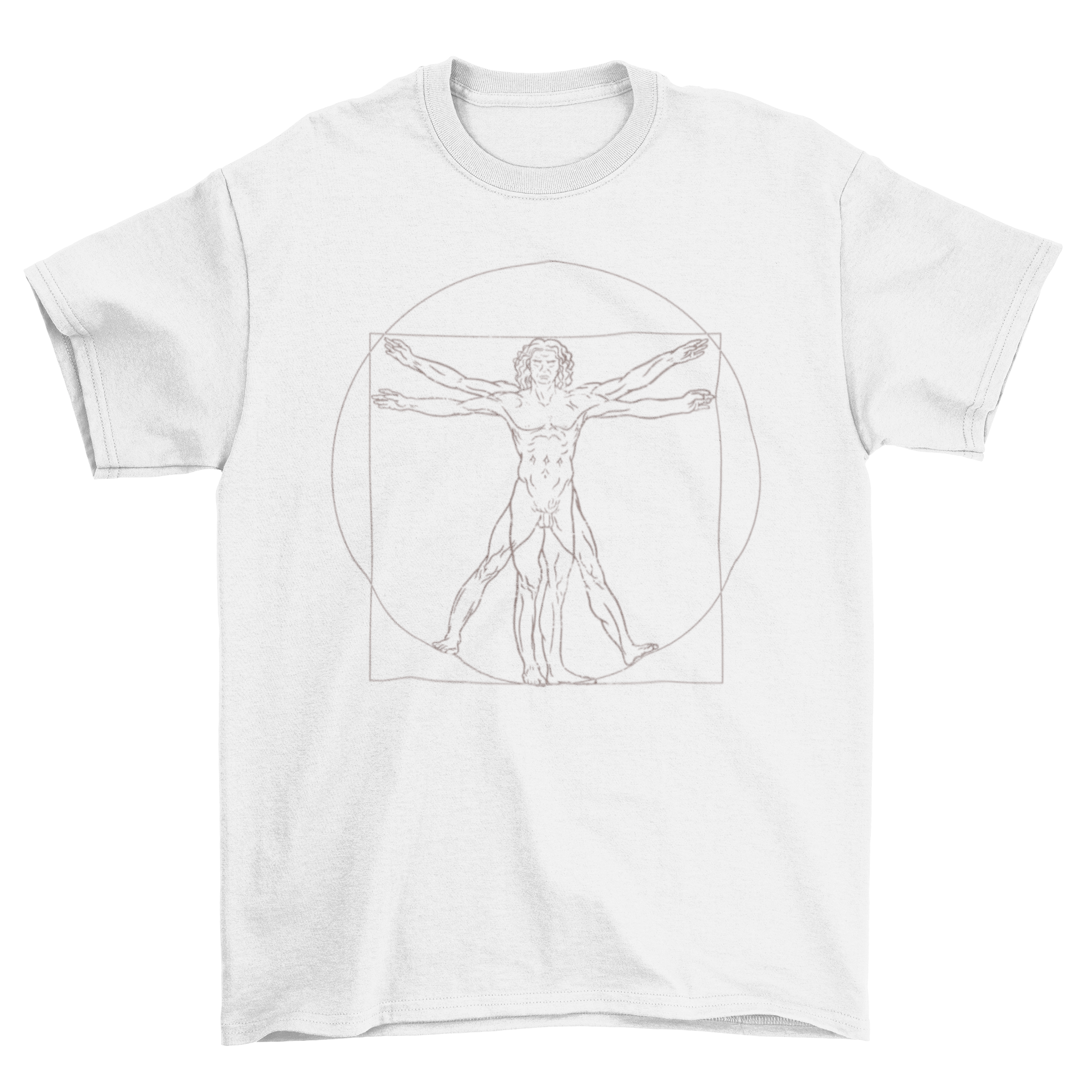 Cool Art T-shirt featuring a minimalist line illustration of the Vitruvian Man by Leonardo da Vinci, showcasing artistic fashion.