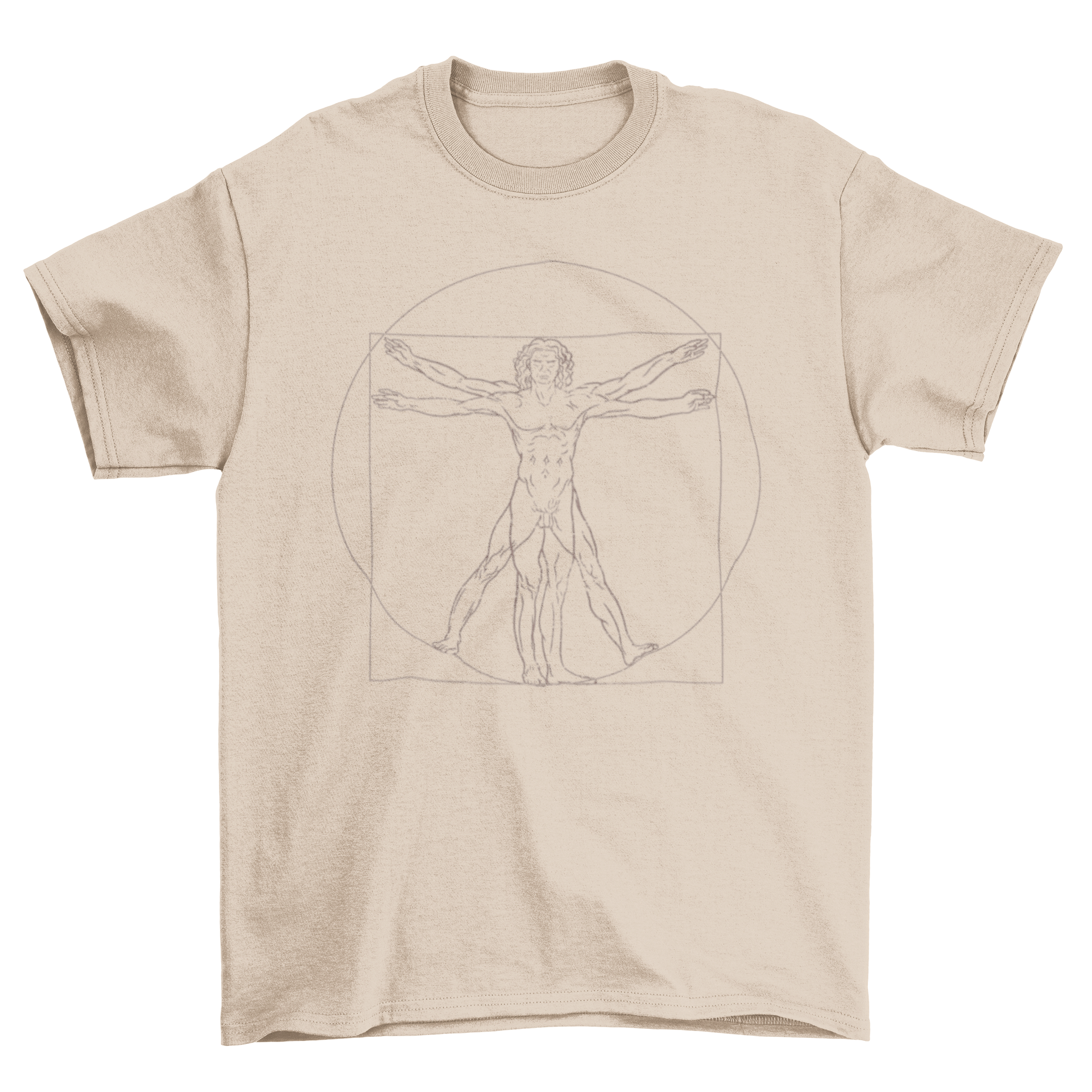 Cool Art T-shirt featuring a minimalist line illustration of the Vitruvian Man by Leonardo da Vinci, showcasing artistic fashion.