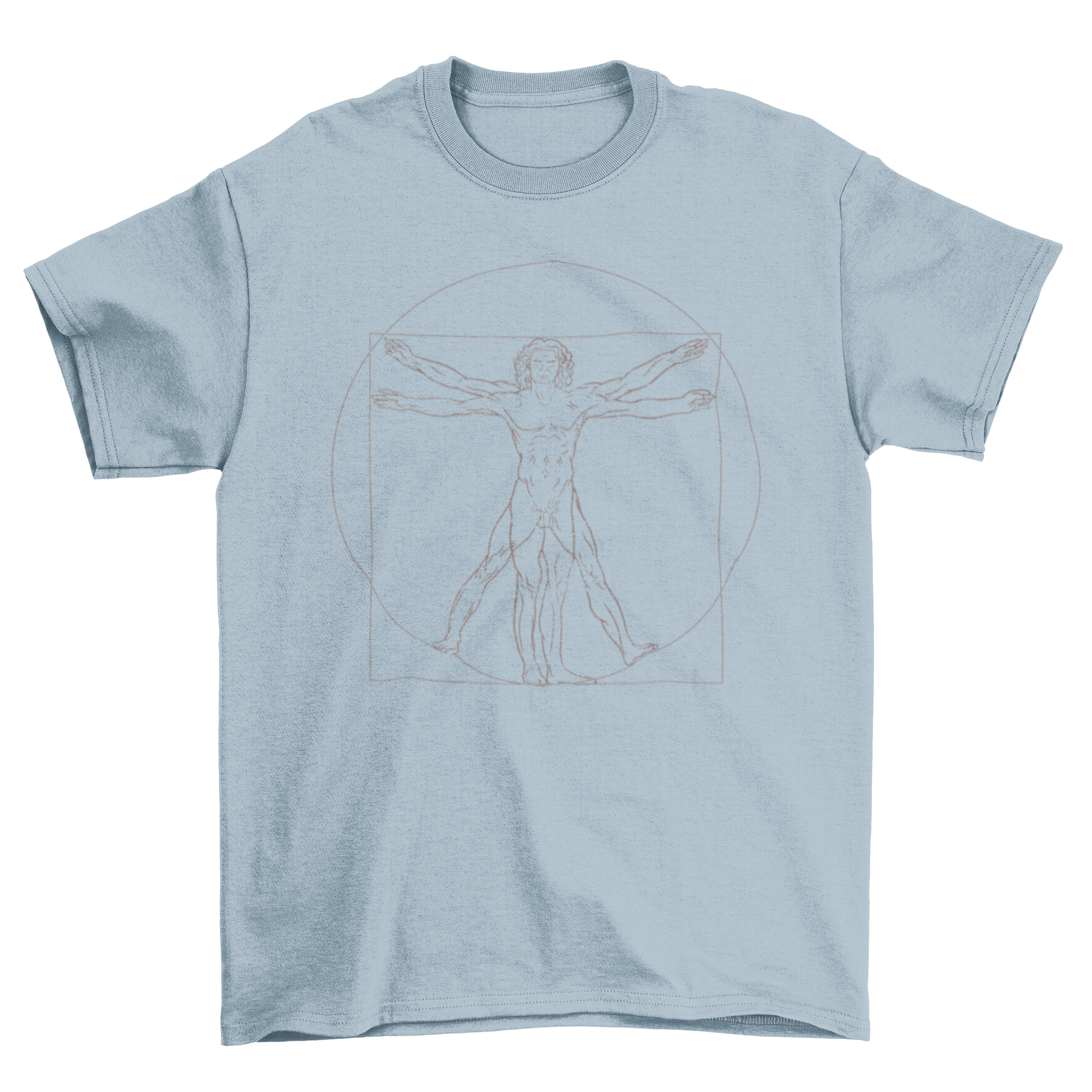 Cool Art T-shirt featuring a minimalist line illustration of the Vitruvian Man by Leonardo da Vinci, showcasing artistic fashion.