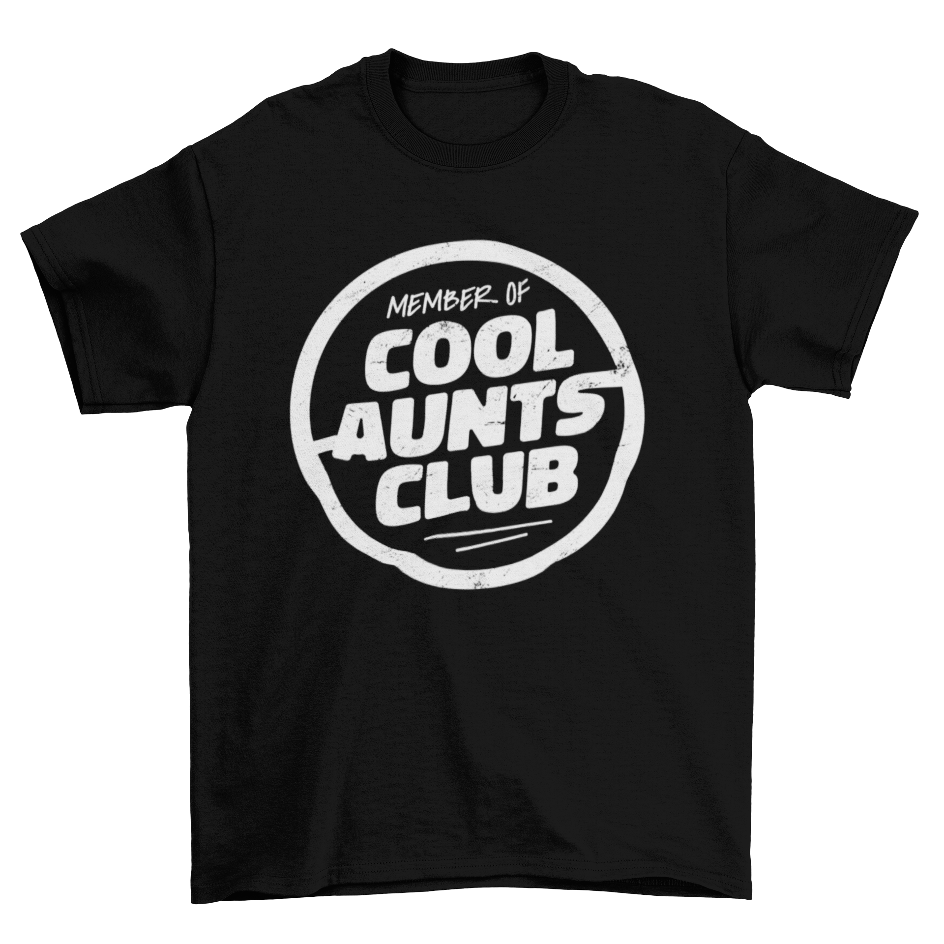 A stylish t-shirt featuring a grunge badge design with the text 'Member of Cool Aunts Club', perfect for proud aunts.