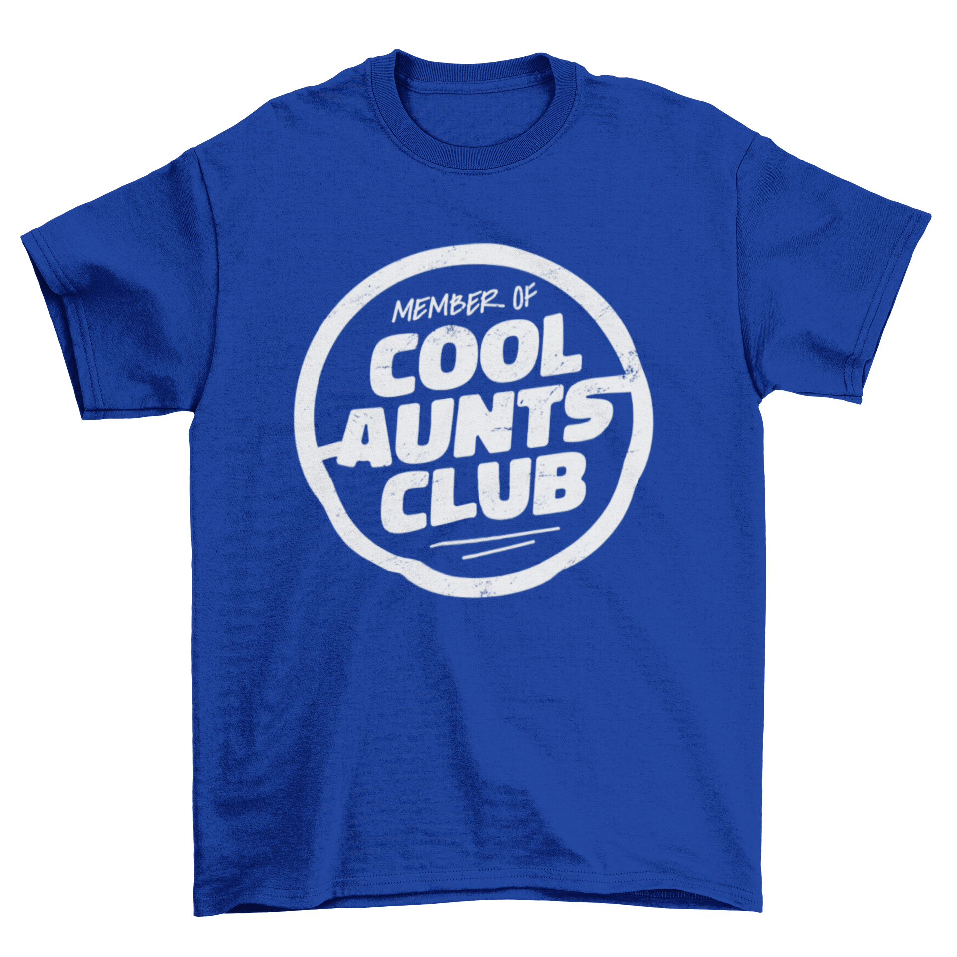 A stylish t-shirt featuring a grunge badge design with the text 'Member of Cool Aunts Club', perfect for proud aunts.