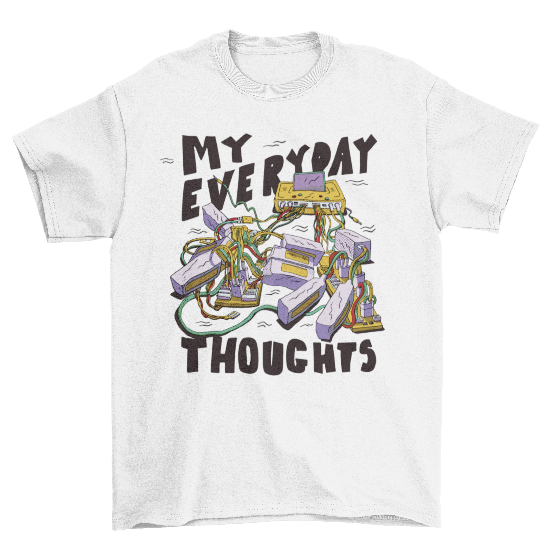 Cool Battery Quote T-Shirt featuring a battery pack design and the quote 'My everyday thoughts'.