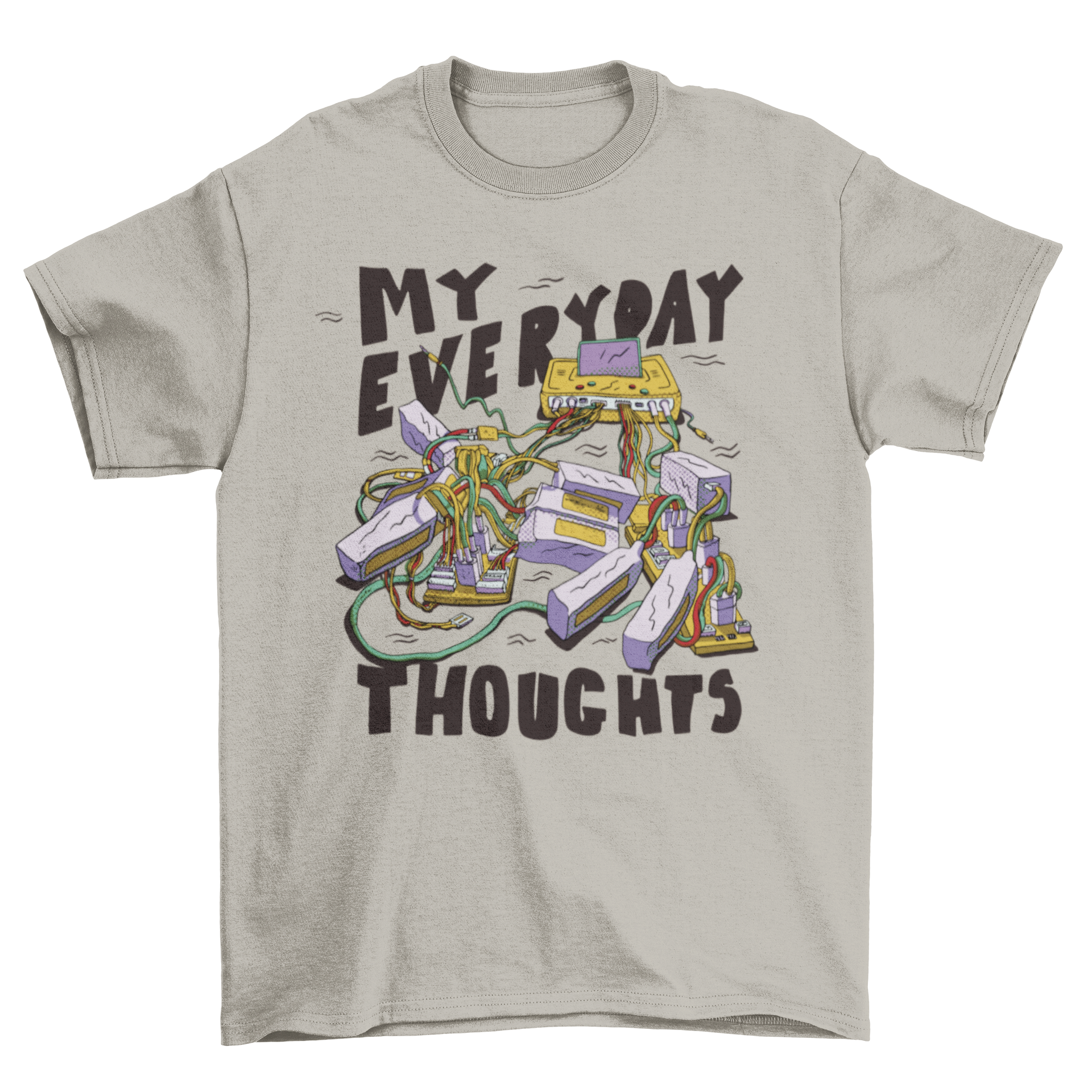 Cool Battery Quote T-Shirt featuring a battery pack design and the quote 'My everyday thoughts'.