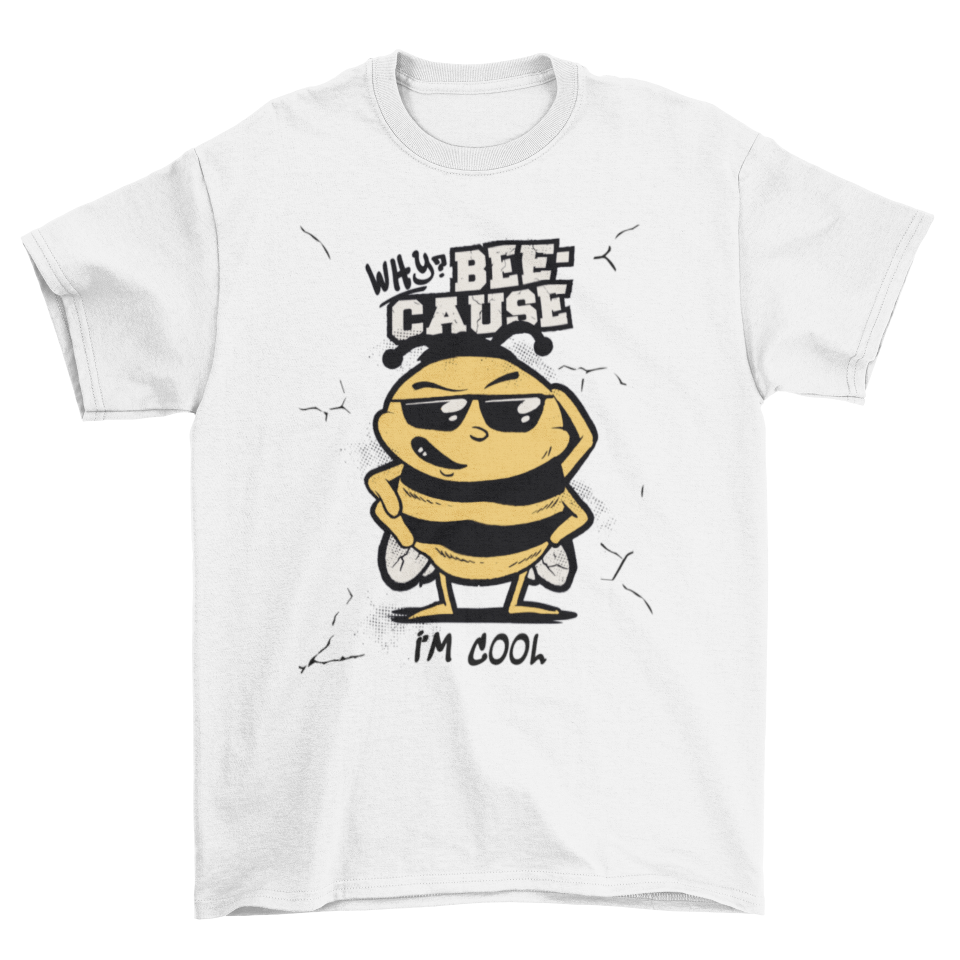 A vibrant t-shirt featuring a cartoon bee with a funny quote, perfect for casual wear.