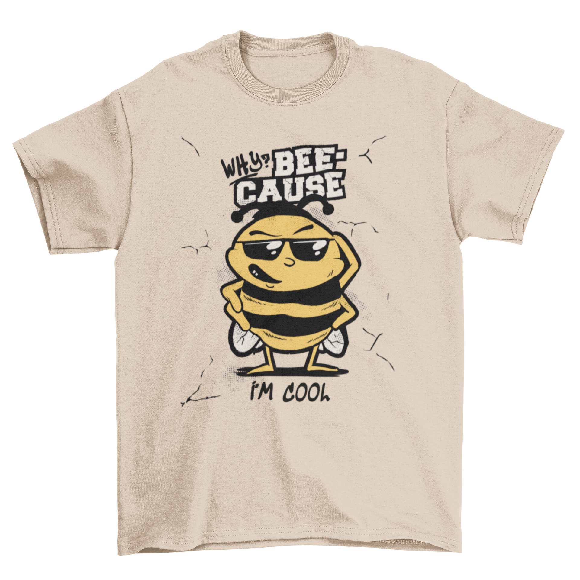 A vibrant t-shirt featuring a cartoon bee with a funny quote, perfect for casual wear.