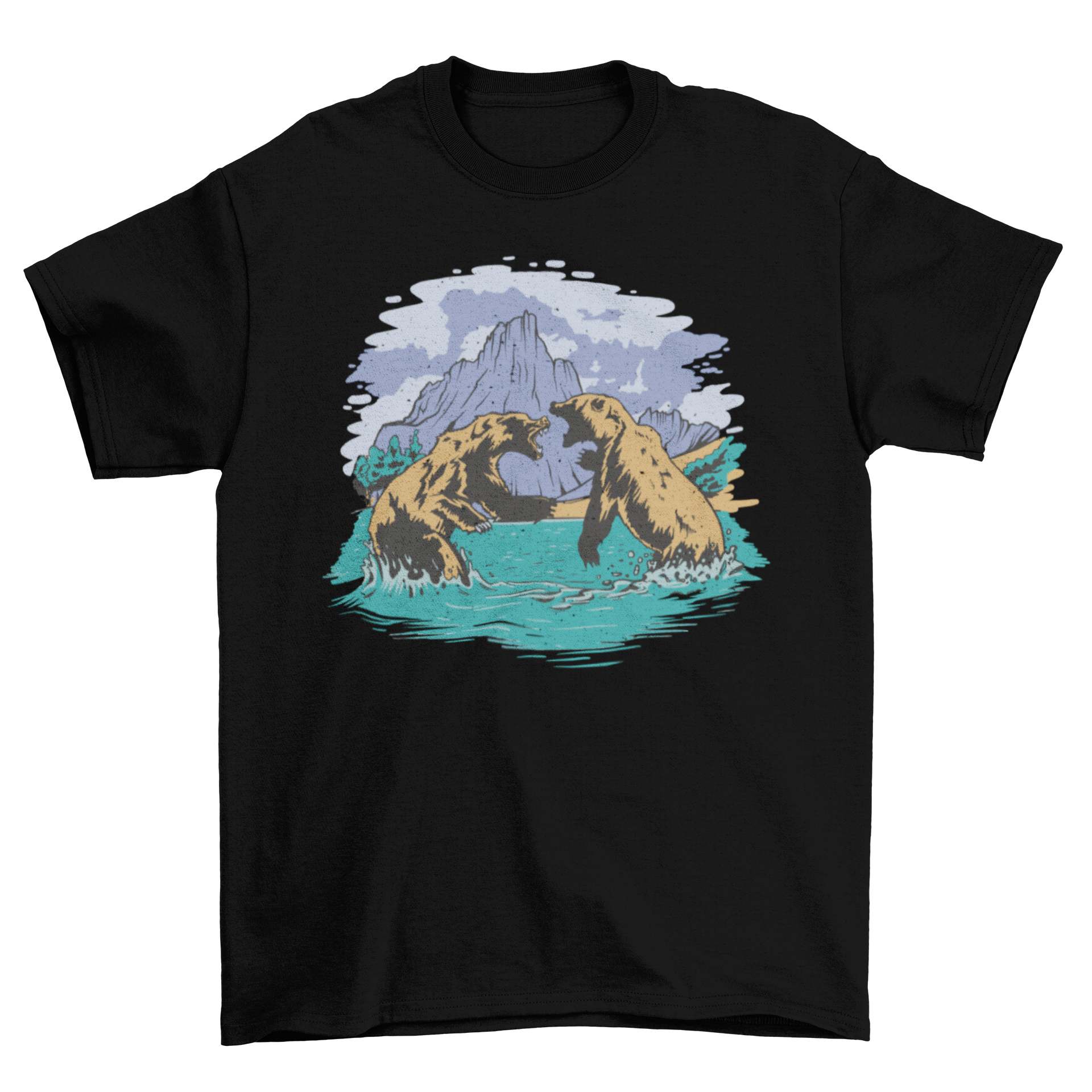 Cool bear fight t-shirt featuring two bears battling in water, showcasing a vibrant and dynamic design.