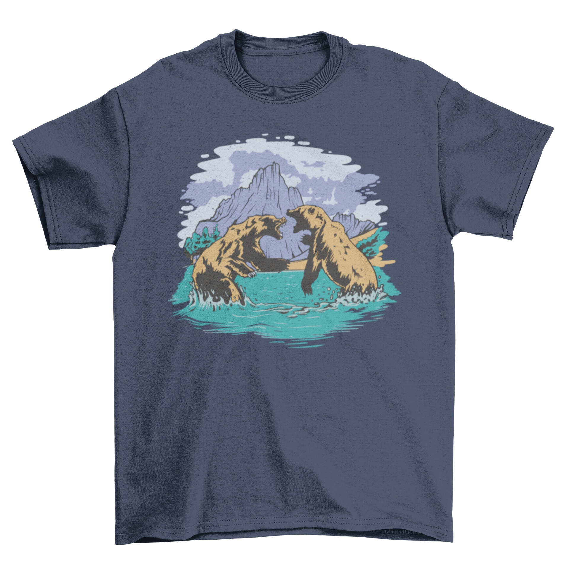 Cool bear fight t-shirt featuring two bears battling in water, showcasing a vibrant and dynamic design.