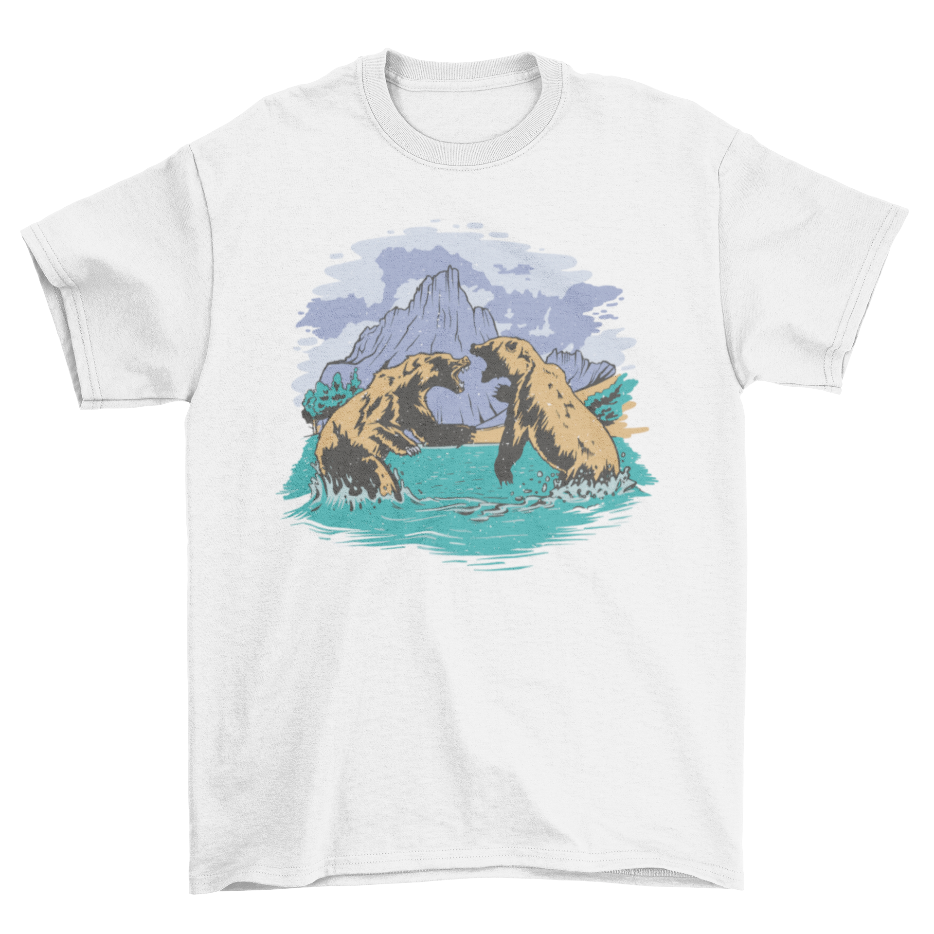 Cool bear fight t-shirt featuring two bears battling in water, showcasing a vibrant and dynamic design.