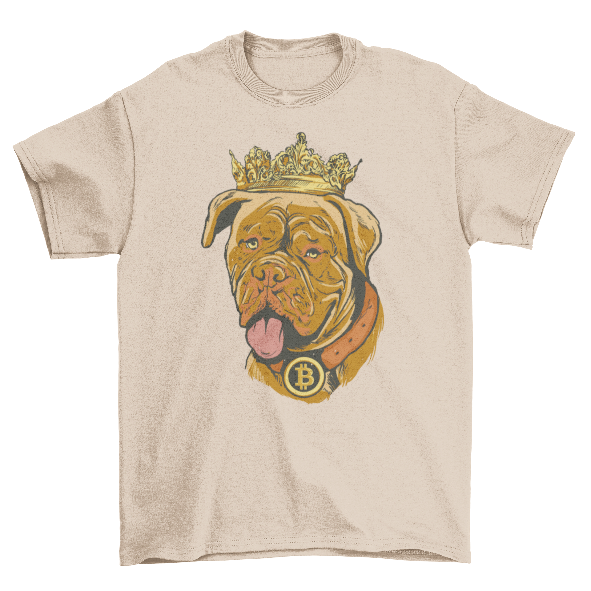 Cool Bitcoin Dog T-Shirt featuring a dog with a crown and a bitcoin collar design.